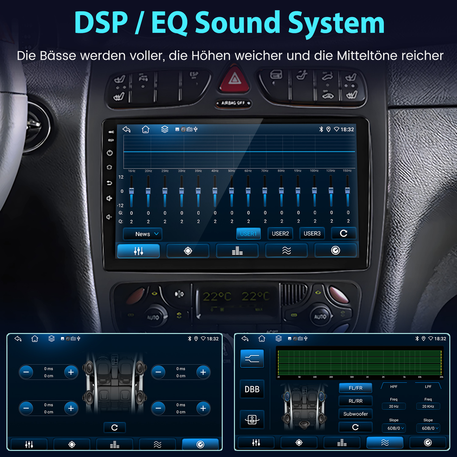 Auto-Stereo-Anzeige mit Soundeinstellungen, Equalizer, Temperatur und Car-Layout-Optionen.
