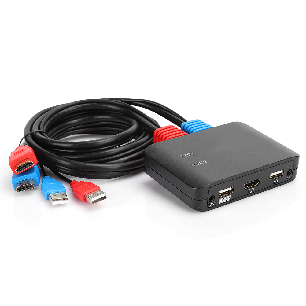 Ein schwarzer HDMI-Switch mit roten, blauen Kabeln und einem USB-Kabel. Die Kabel sind mit dem Switch verbunden. Weißer Hintergrund.
