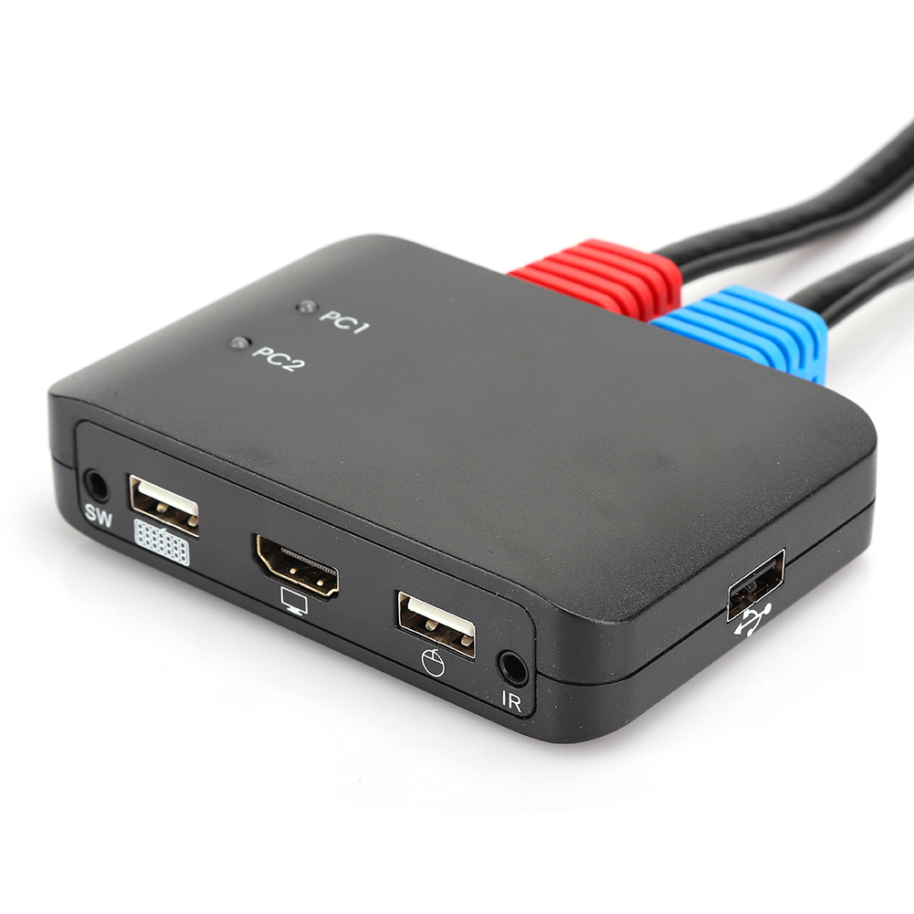 Schwarzes rechteckiges Gerät mit Anschlüssen und Kabeln. Rote und blaue Kabelenden. USB, HDMI und andere Anschlüsse sind sichtbar.