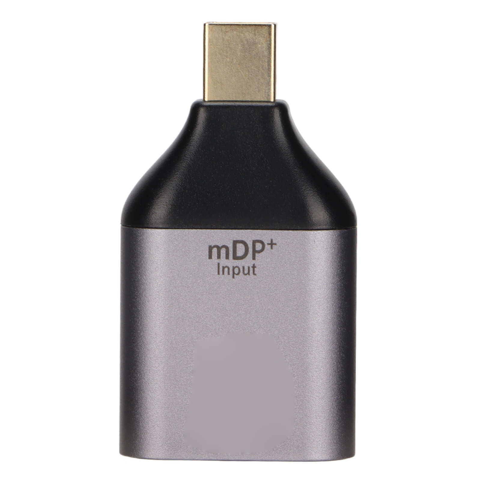 Ein silberner und schwarzer mDP+ Eingangsadapter. Der Adapter hat einen goldfarbenen USB-C-Anschluss.
