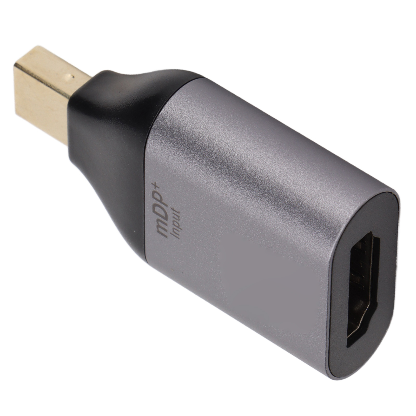 Ein Adapter mit goldfarbenem Stecker, der in einen grauen Körper und ein schwarzes Ende mit einem HDMI-Anschluss übergeht. Weißer Hintergrund.