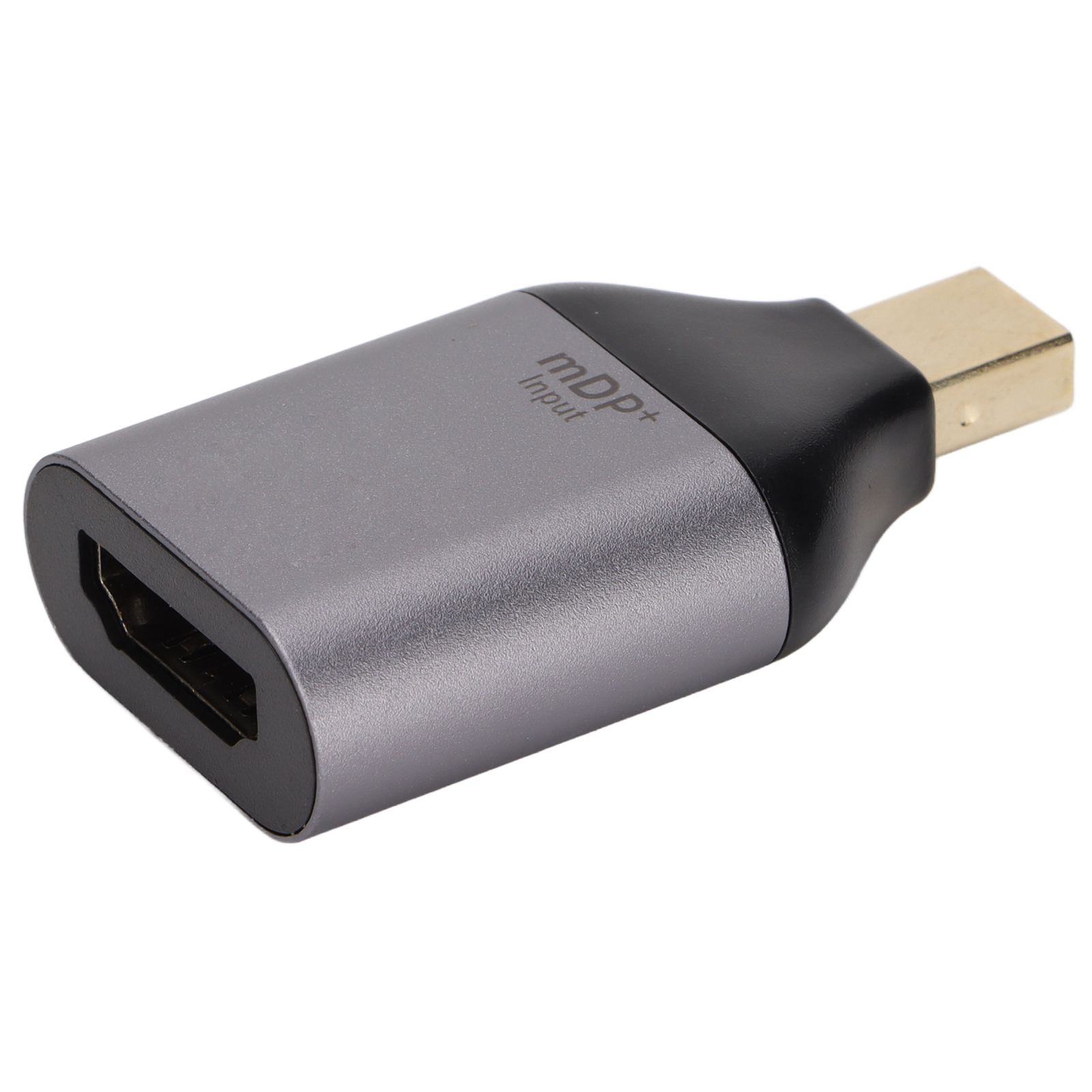 Ein grauer HDMI-zu-mDP-Adapter, schwarze Enden, goldener Stecker. Auf der mDP-Eingangsseite steht "mDP+ Input".