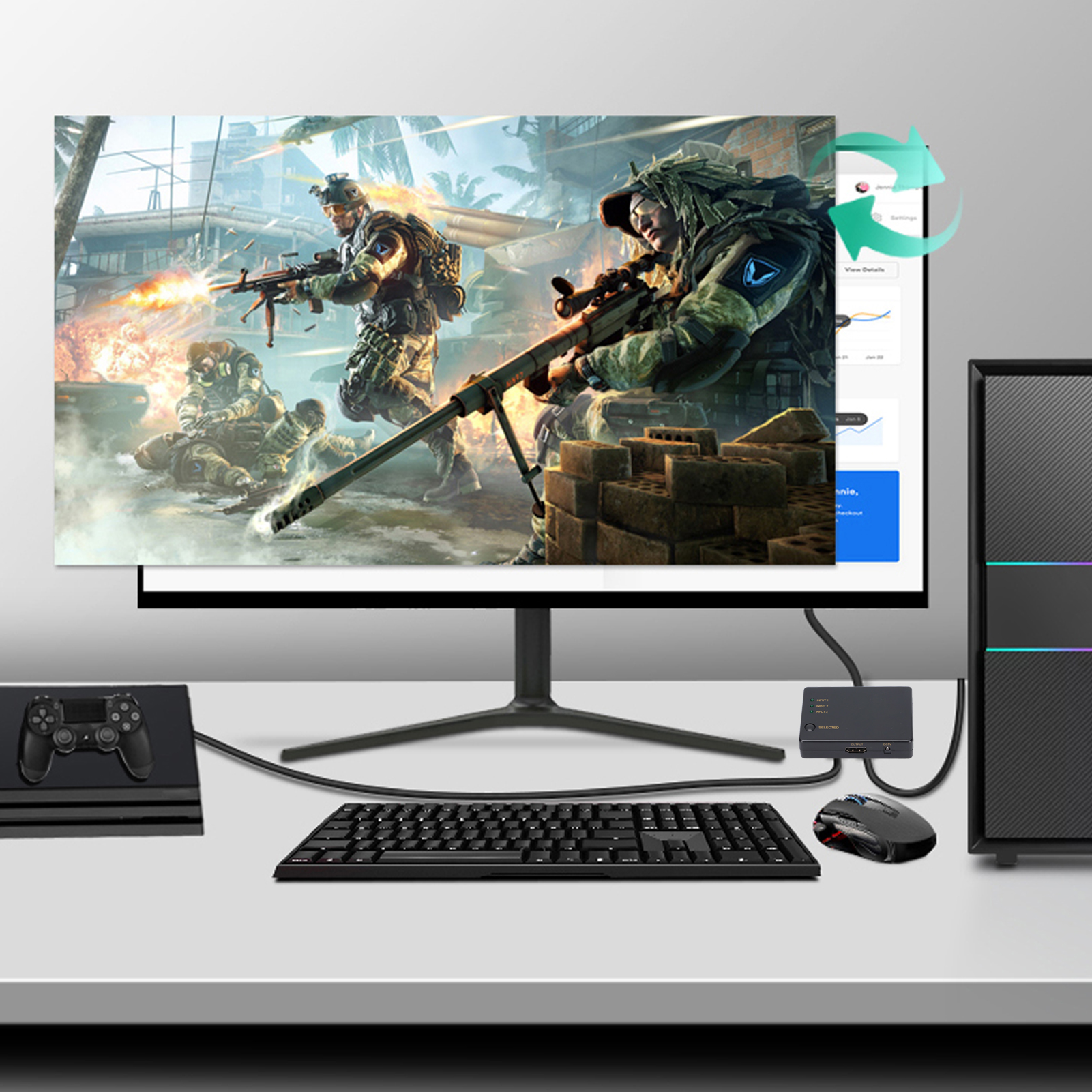 Gaming-Setup mit Monitor, der eine Kriegsszene zeigt, Tastatur, Maus, Controller und Computer.