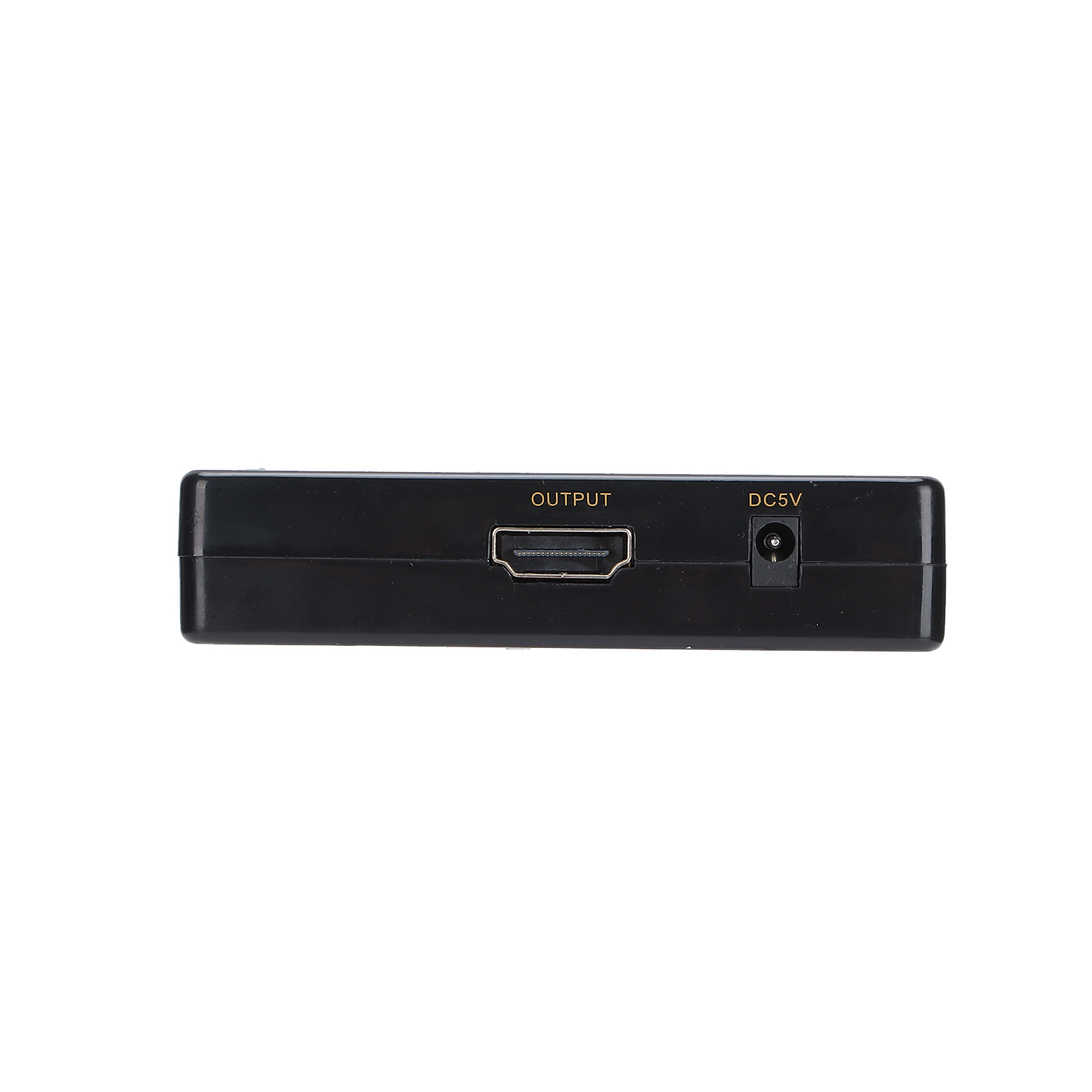 Ein schwarzes HDMI-Gerät mit den Aufschriften 'OUTPUT' und 'DC5V' sowie entsprechenden Anschlüssen. Weißer Hintergrund.