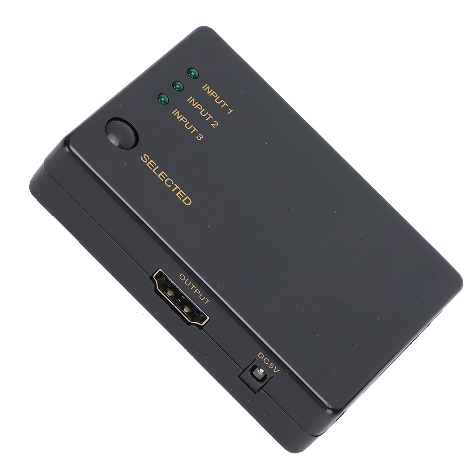 Schwarzer HDMI-Switch mit drei Eingangslichtern, einer Taste und einem Ausgangsanschluss. Er hat beschriftete Eingänge und Ausgänge sowie einen DC5V-Anschluss.