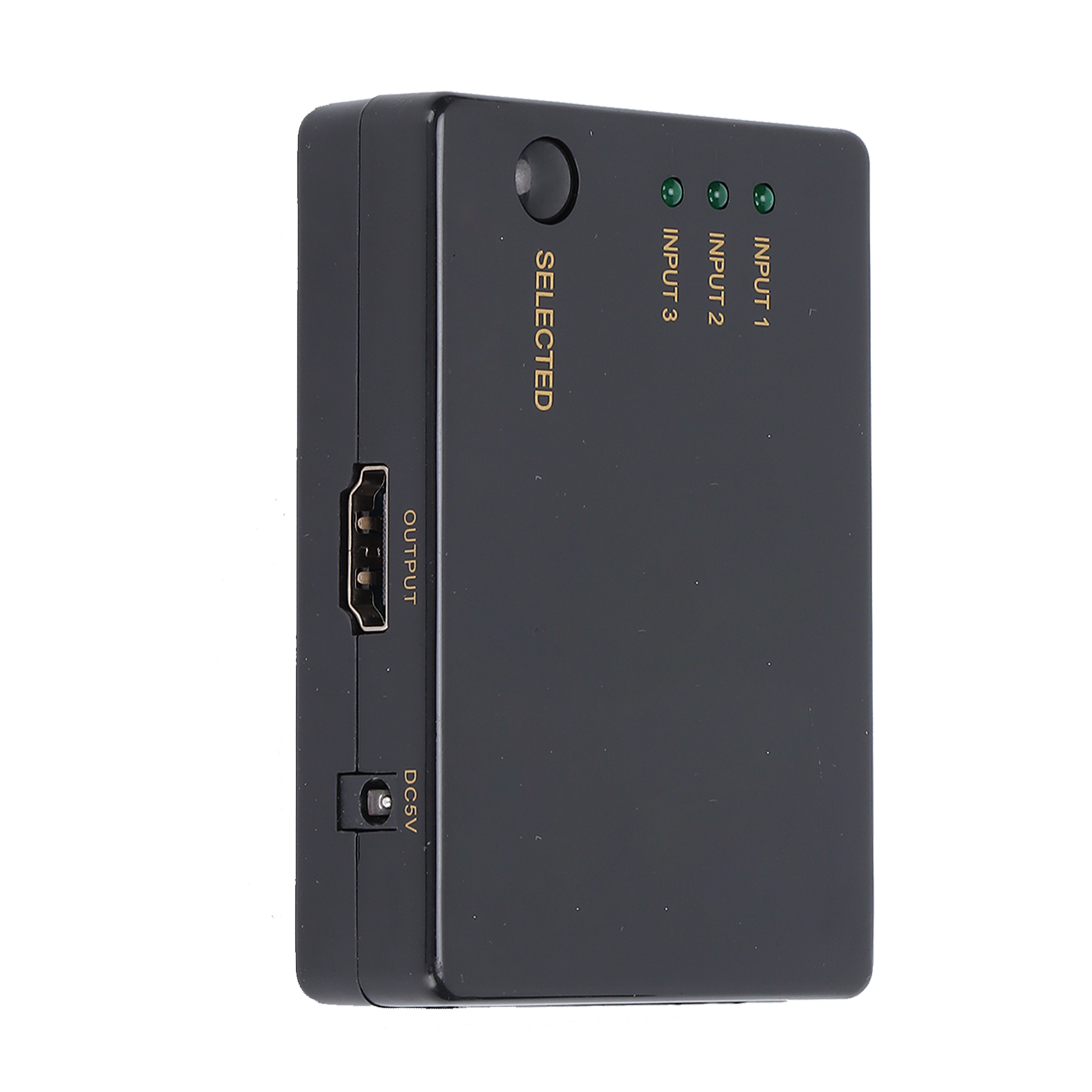 Ein schwarzer HDMI-Switch mit Ausgangs- und Eingangsanschlüssen sowie Auswahlindikatoren. Er hat einen DC5V-Anschluss.