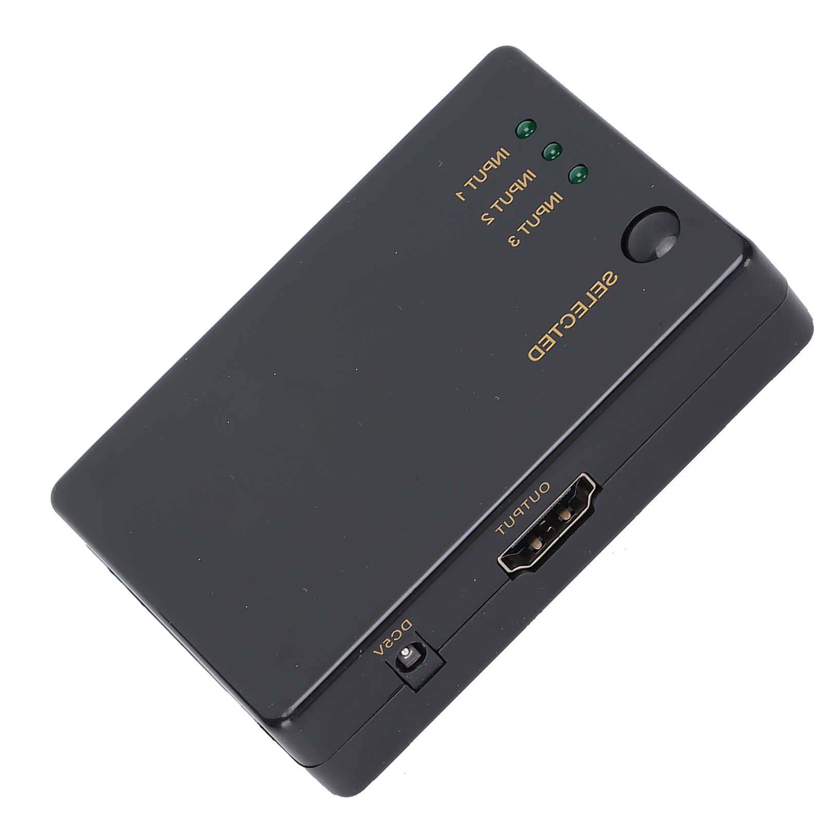 Schwarzer HDMI-Switch mit drei Eingängen und einem Ausgang. Er hat grüne Kontrollleuchten und goldenen Text.