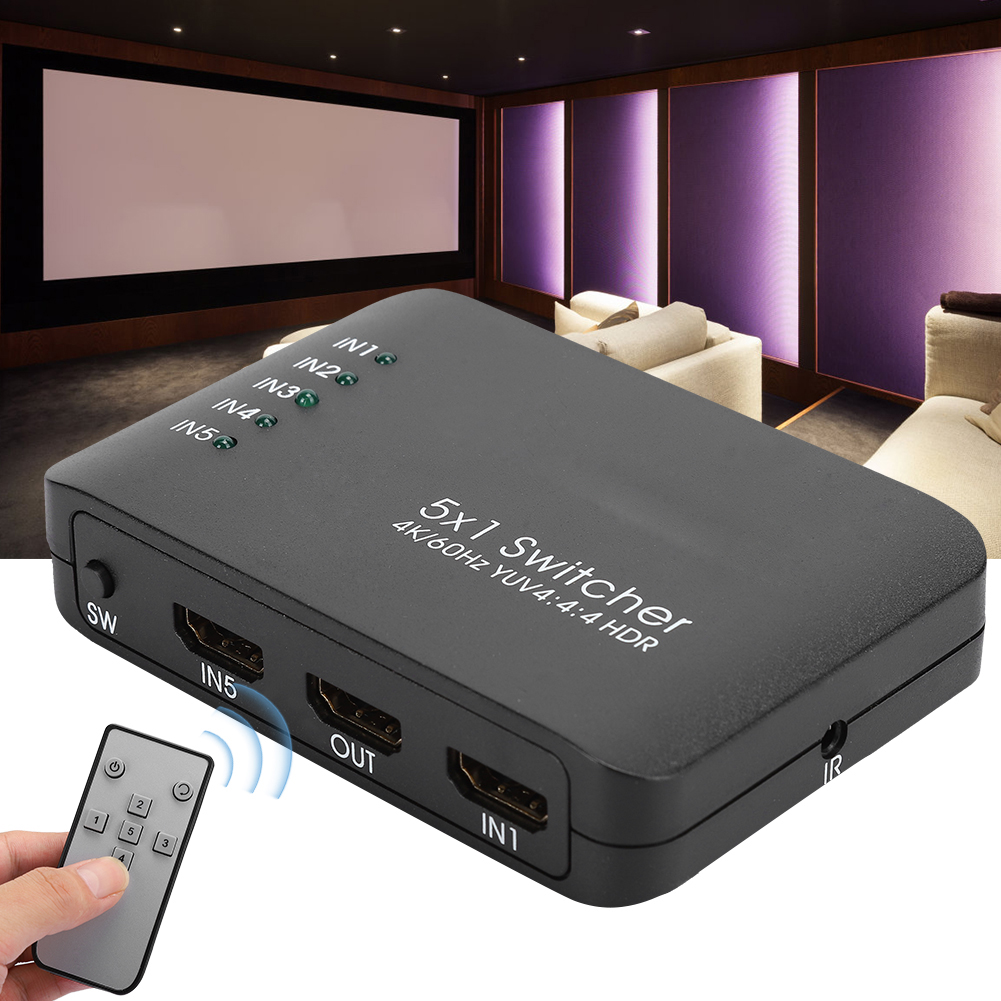 Ein schwarzer 5x1-Umschalter mit Fernbedienung steht im Fokus. Eine Hand hält die Fernbedienung. Der Hintergrund zeigt ein Heimkino.