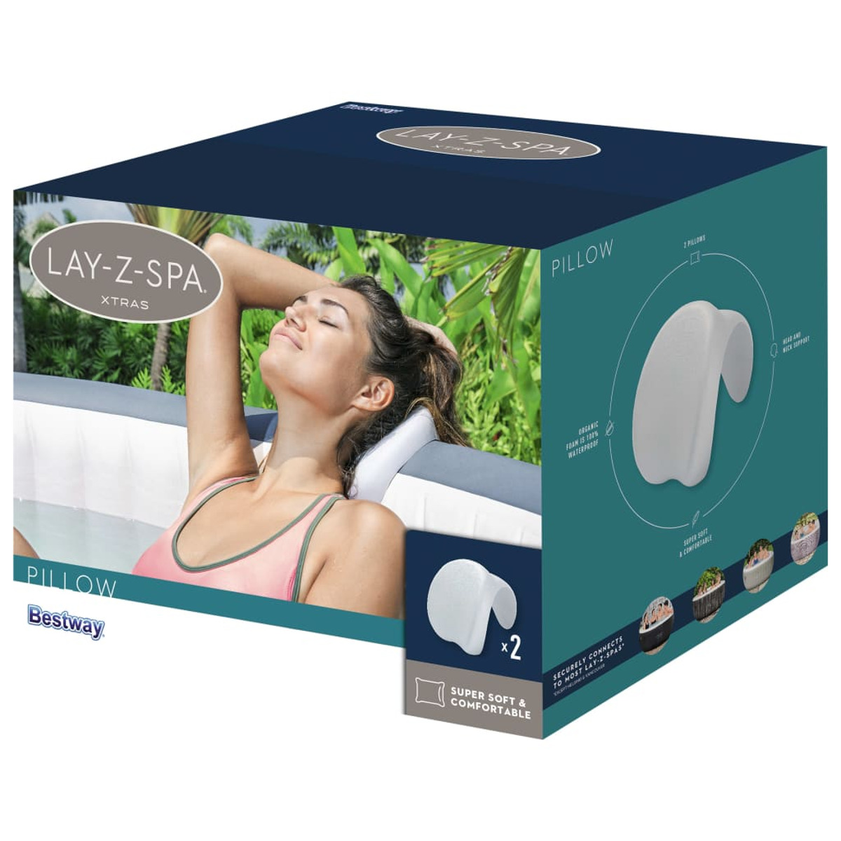 La scatola mostra una donna in una spa che utilizza un cuscino Lay-Z-Spa. La scatola mostra il cuscino, le sue caratteristiche e il logo del marchio.
