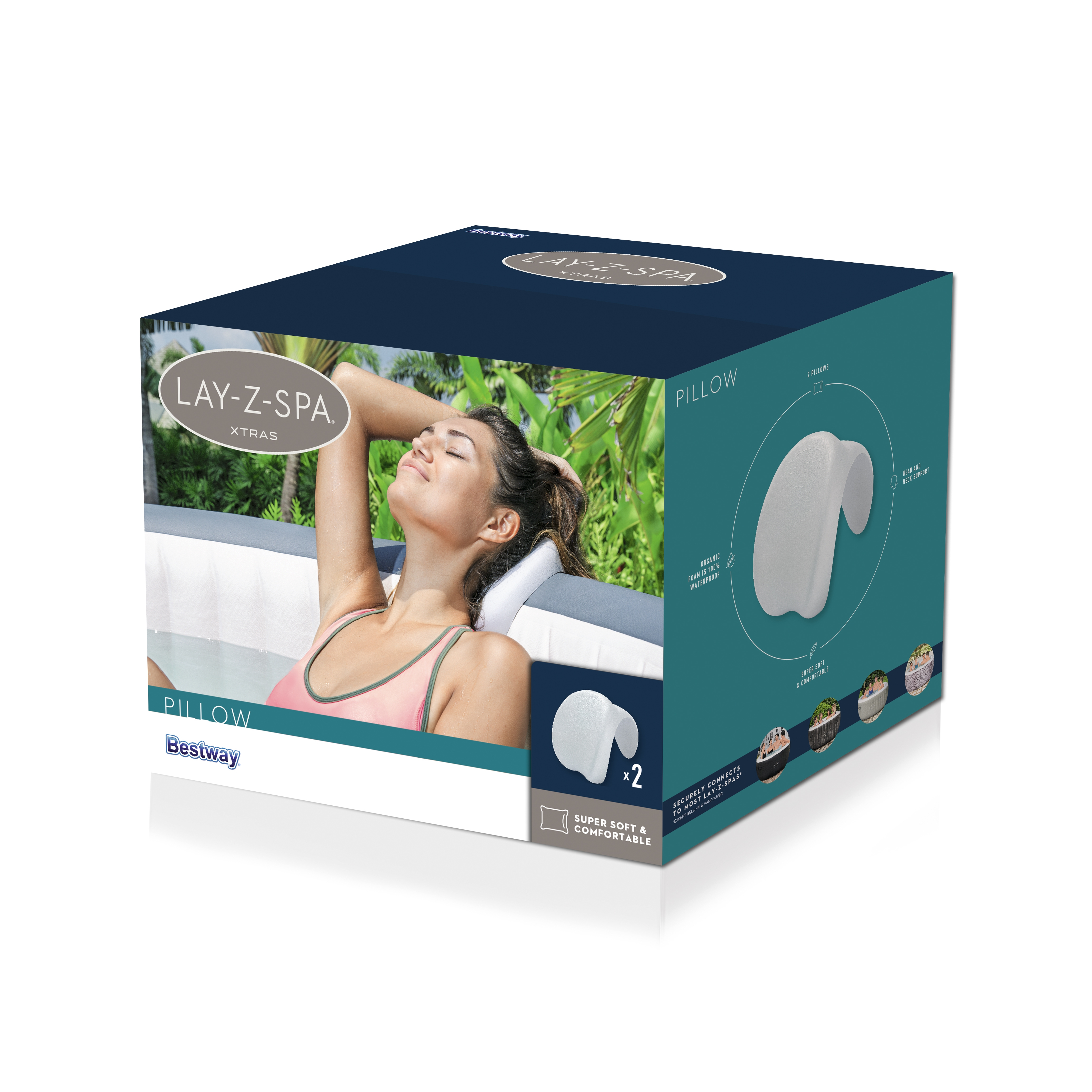 Scatola per cuscino Lay-Z-Spa, che mostra una donna che usa il cuscino. Grafica del cuscino bianco e testo sulla scatola.