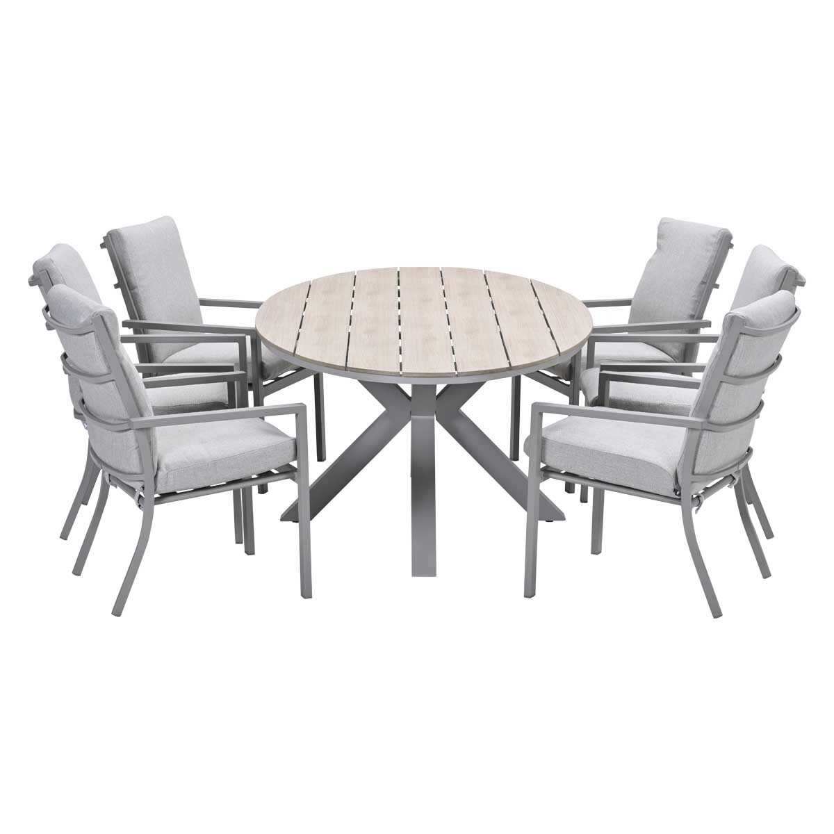 A round wooden table surrounded by six gray armchairs. The chairs have light gray cushions and the table has a light wood top.