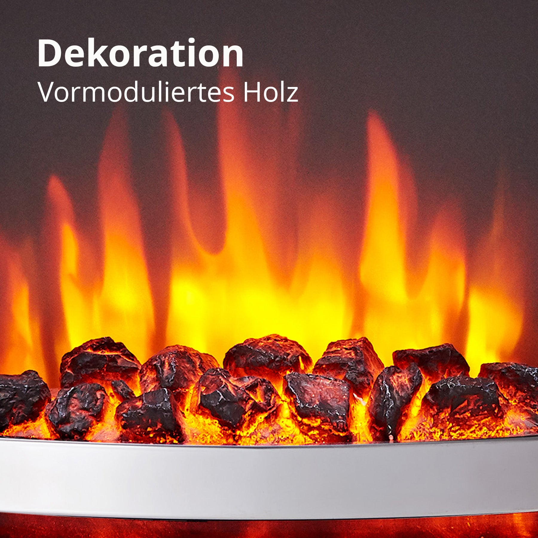 Ein elektrischer Kamin mit glühenden Glut und Flammen. Das Wort 'Dekoration' steht oben.