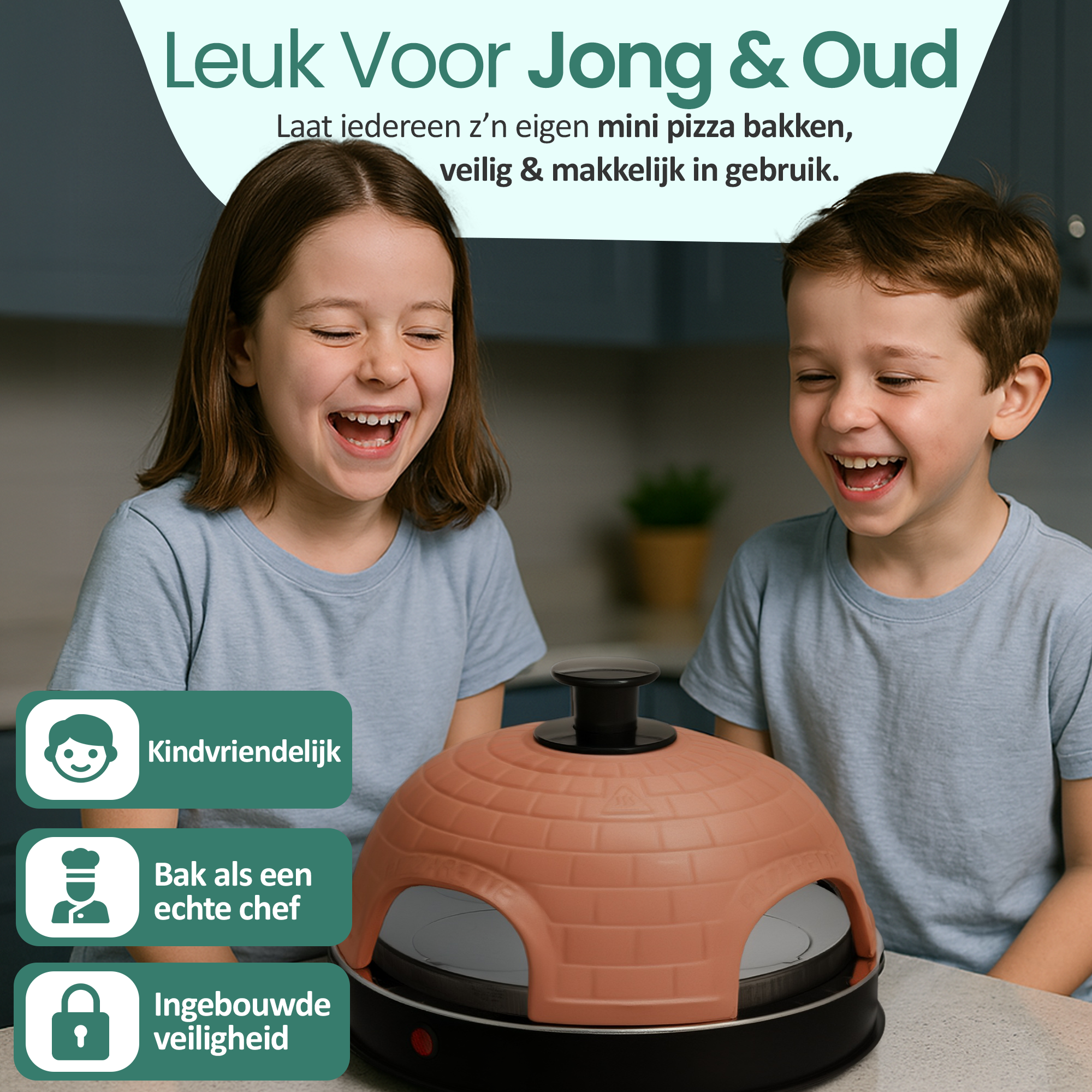Two kids laughing, looking at a mini pizza oven. It's brown, and there are icons for kid-friendly, chef, and safety.