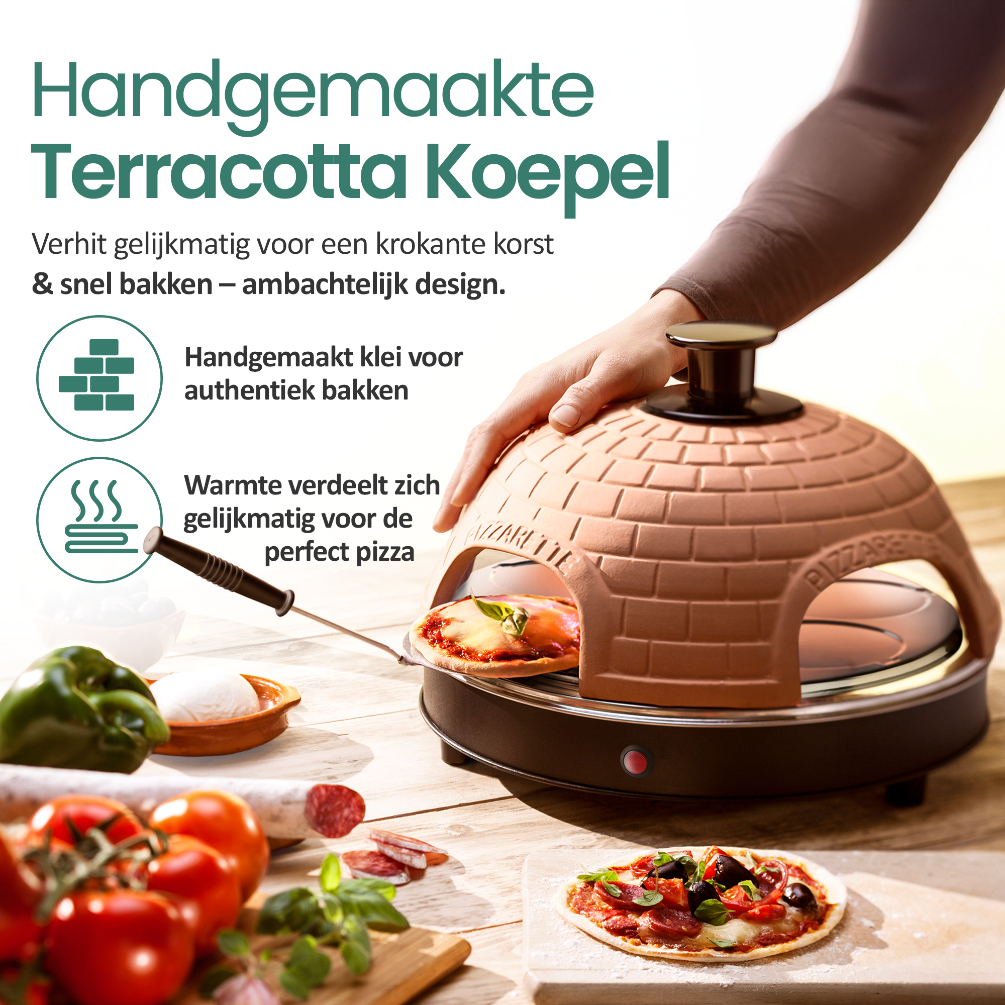 A terracotta pizza oven with a pizza inside. Ingredients like tomatoes, salami, and basil are in the foreground.