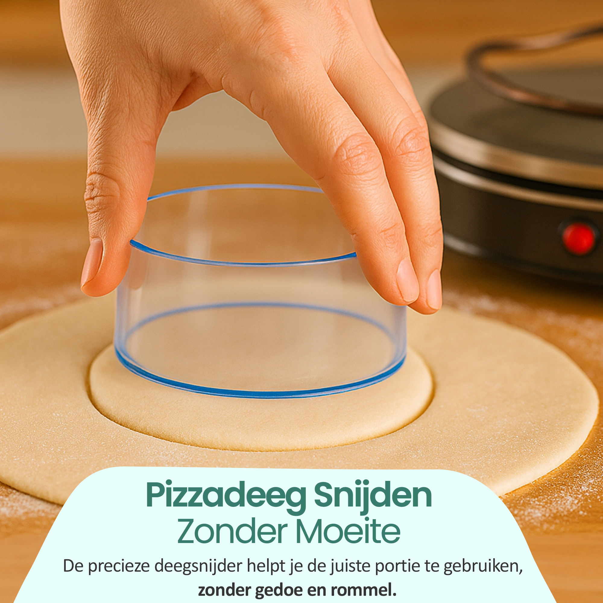 Hand using a blue-rimmed cutter on dough. A black appliance is in the background. Text at the bottom.