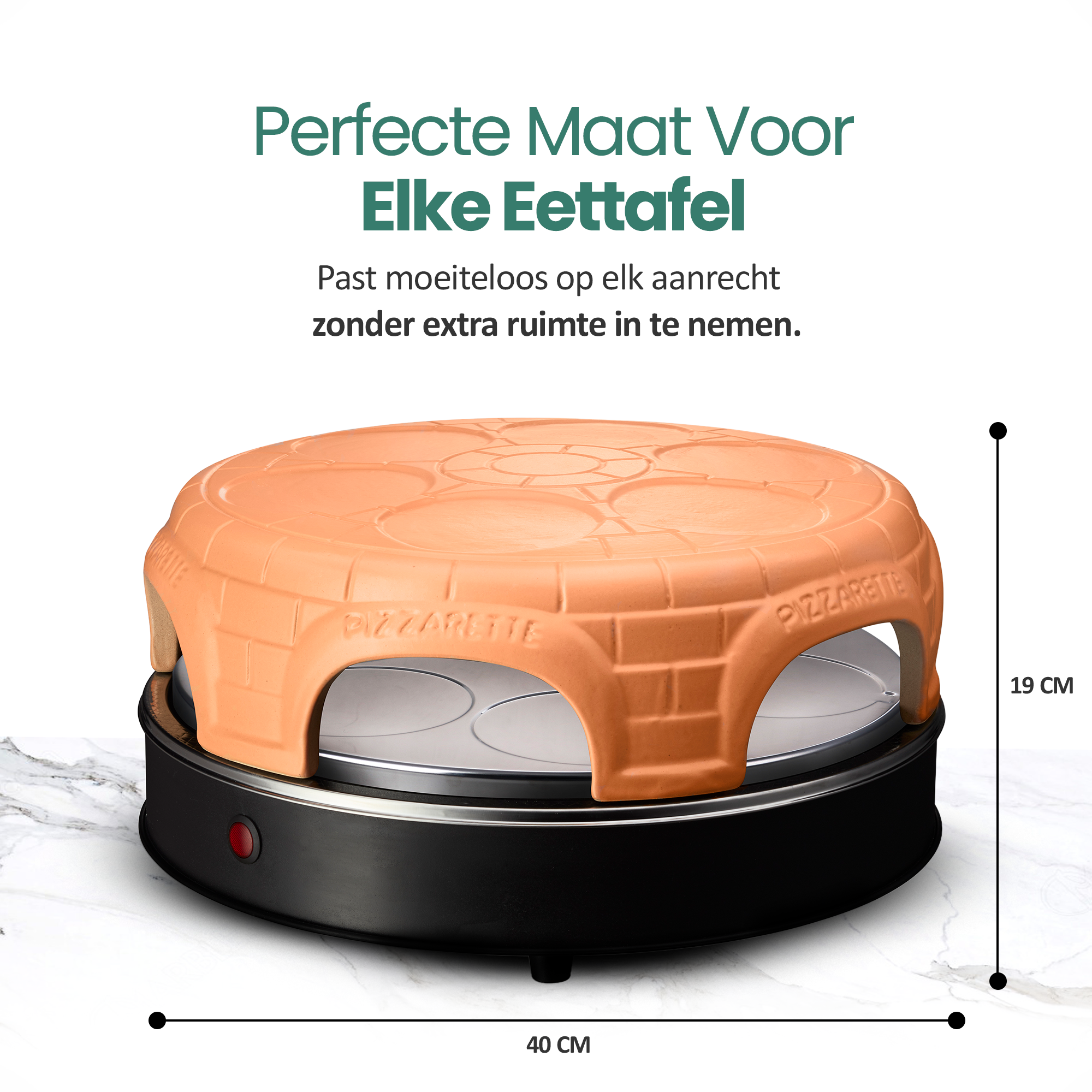 Pizza oven, terracotta top, black base, on marble. Text: Perfect Size for Every Dining Table. Dimensions: 40cm x 19cm.