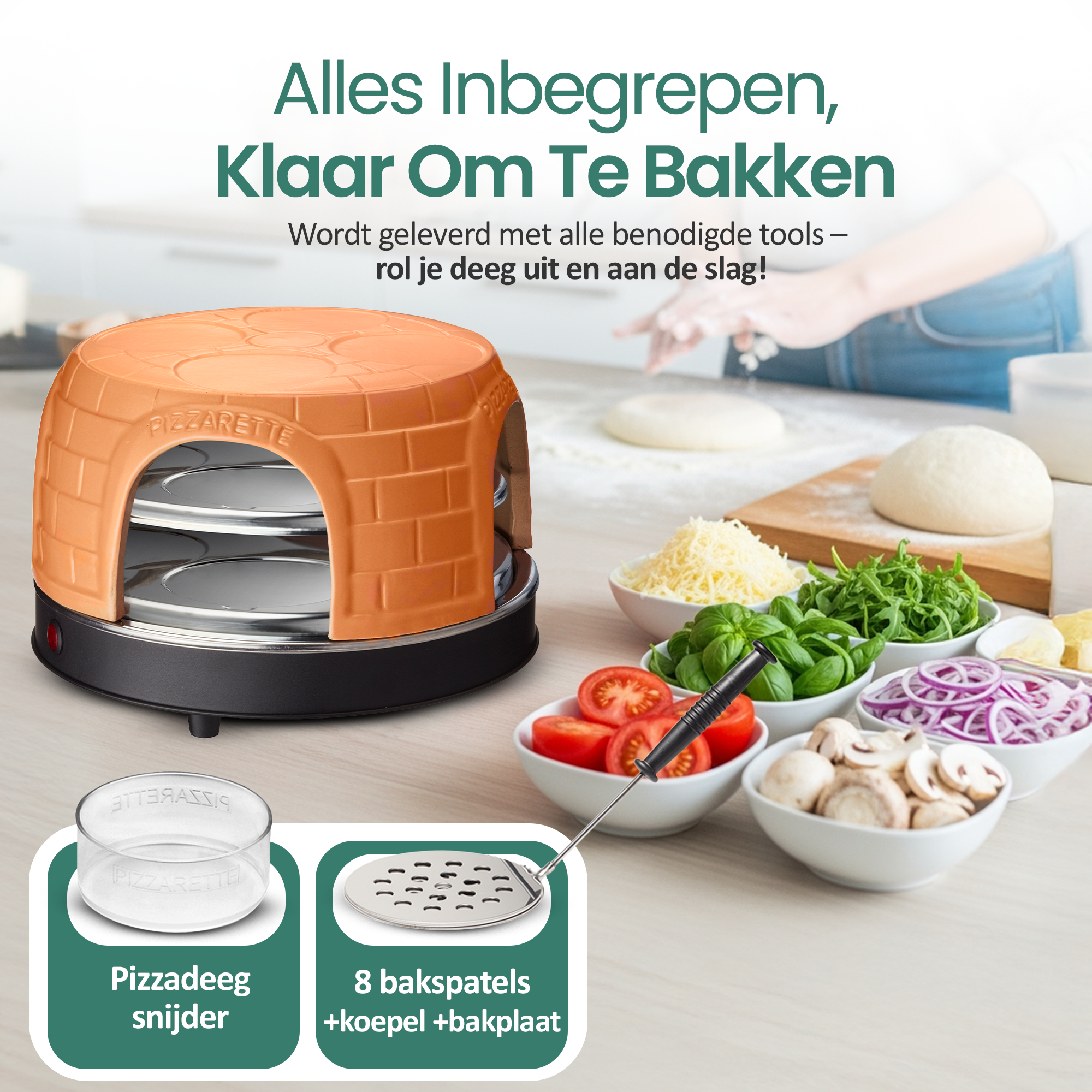 Ein orangefarbener Pizzaofen mit Zutaten wie Tomaten, Pilzen und Käse. Text: 'Backfertig'.