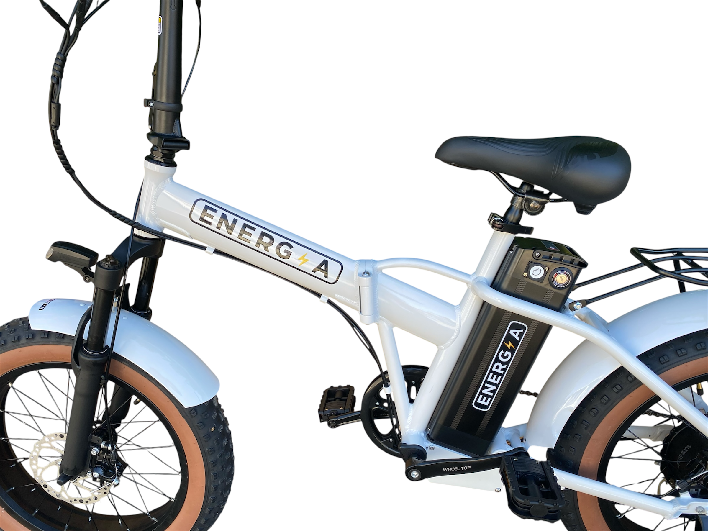 Bicicletta elettrica Energ-A bianca su sfondo bianco. Presenta sella, pneumatici e componenti neri. Ha una batteria nera.