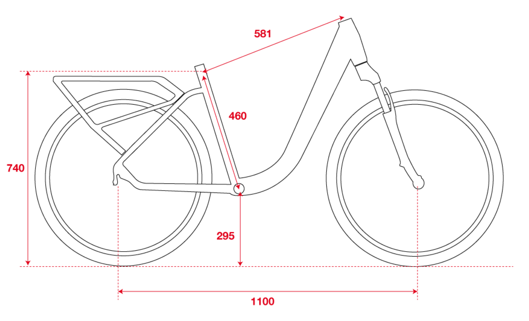 Un contorno di bicicletta bianco con linee e numeri di dimensioni rossi su sfondo nero. Include ruota, telaio e misure.