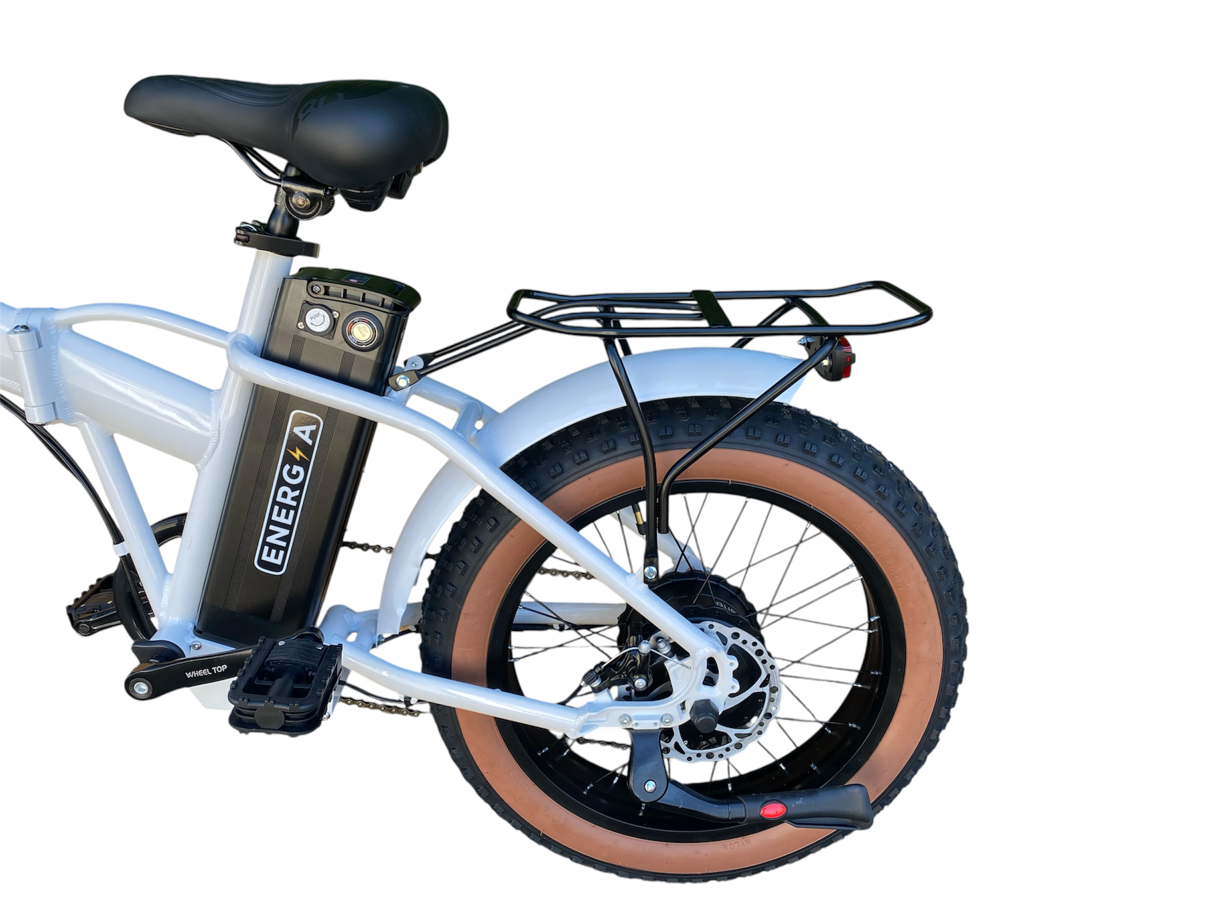 Bicicletta elettrica bianca. Sella, portapacchi e batteria neri. Pneumatico marrone con cerchio nero. Pedali neri. Telaio bianco.