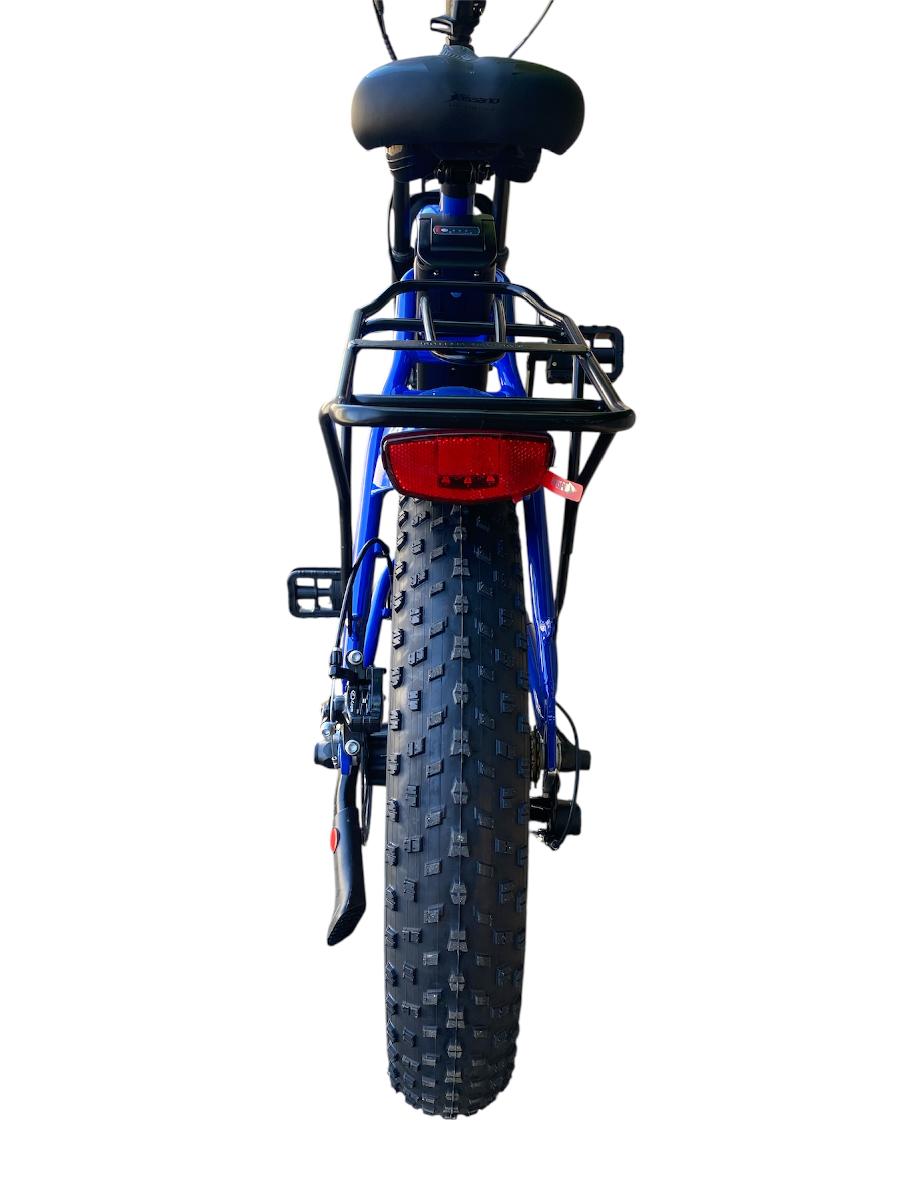 Vista posteriore di una e-bike blu con pneumatici larghi. Ha sella e portapacchi neri e fanale posteriore rosso. Il pneumatico è grande.