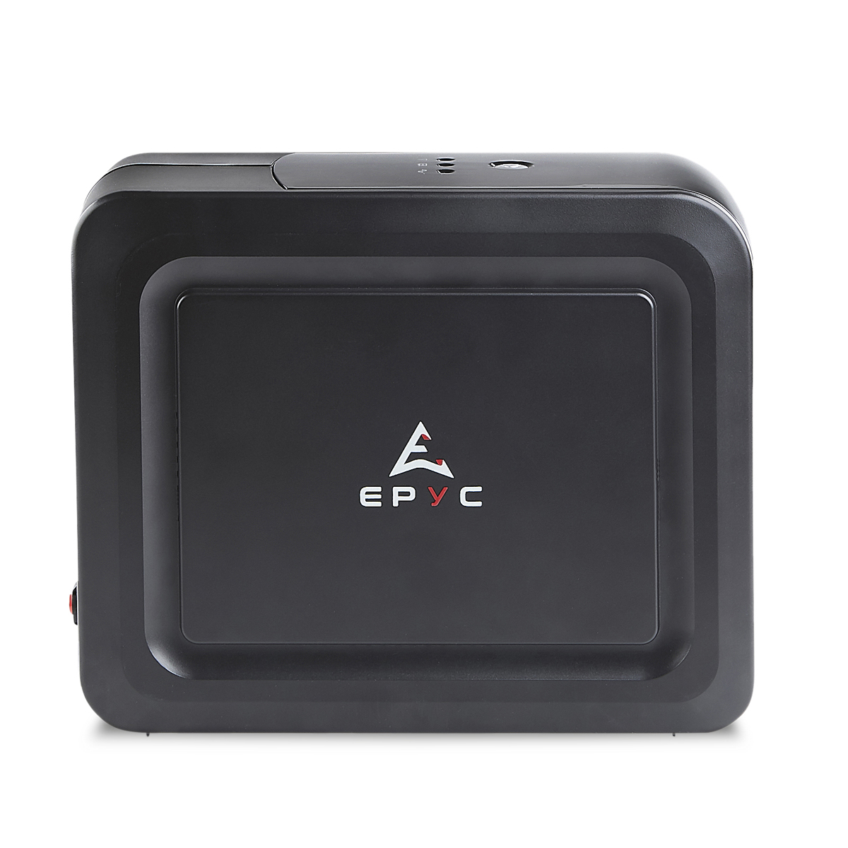 Un dispositivo EPYC nero con il logo centrato. Ha angoli arrotondati e una parte anteriore leggermente incassata. In alto ci sono piccoli indicatori.