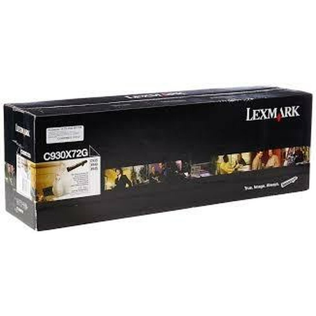 Scatola nera Lexmark. Ha il logo Lexmark. La scatola ha il codice C930X72G. Ci sono immagini di persone sulla scatola.