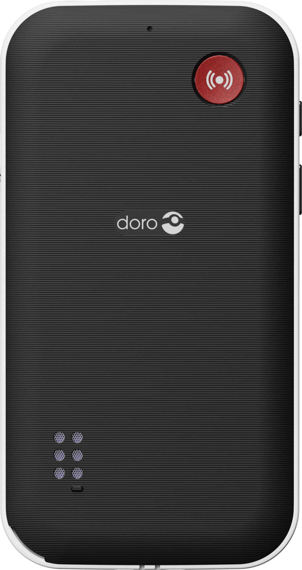 Czarno-biały telefon Doro. Ma czerwony przycisk z ikoną sygnału, logo Doro i otwory głośnikowe.