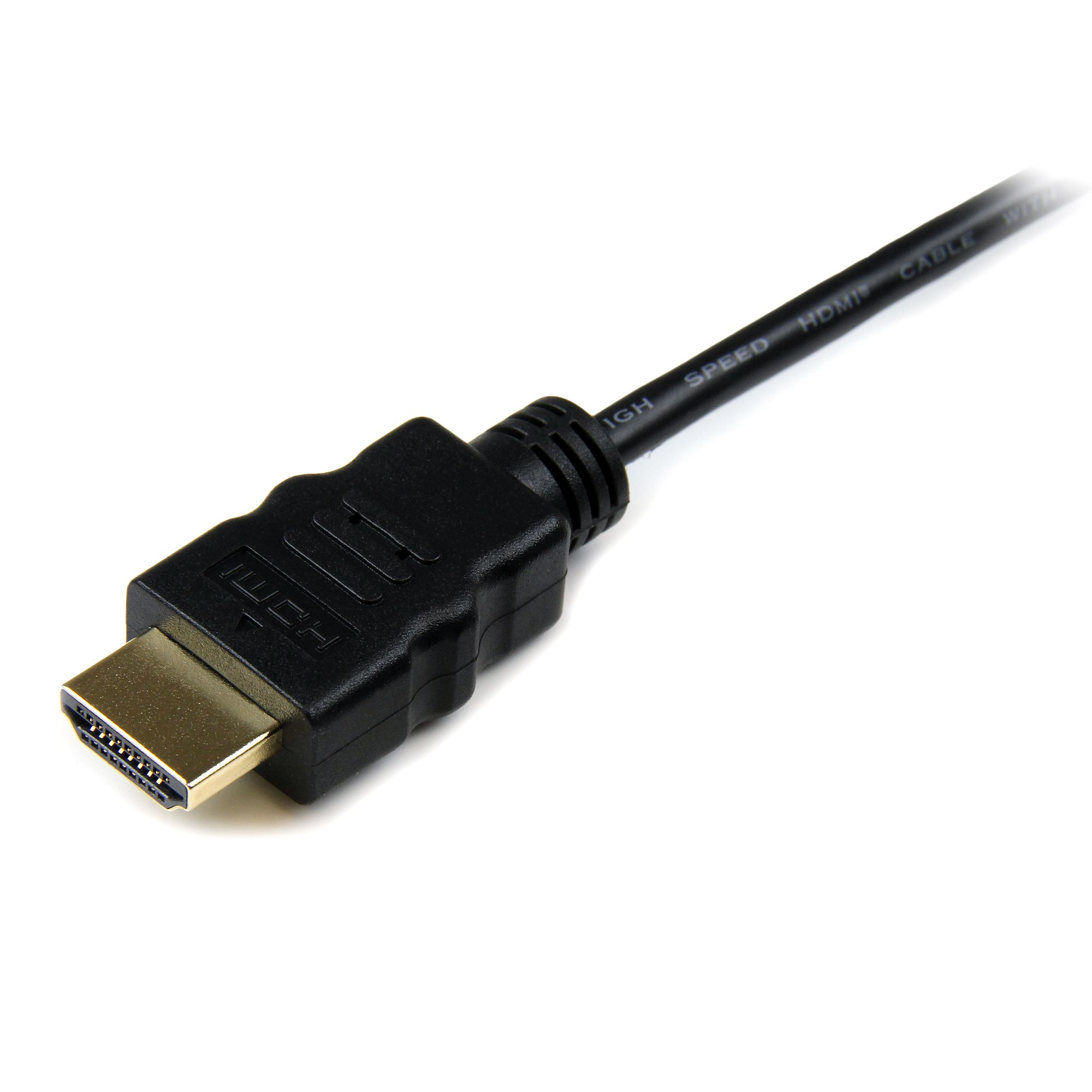 Cable HDMI negro con conector dorado sobre fondo blanco. El cable está etiquetado como 'HIGH SPEED HDMI CABLE'.