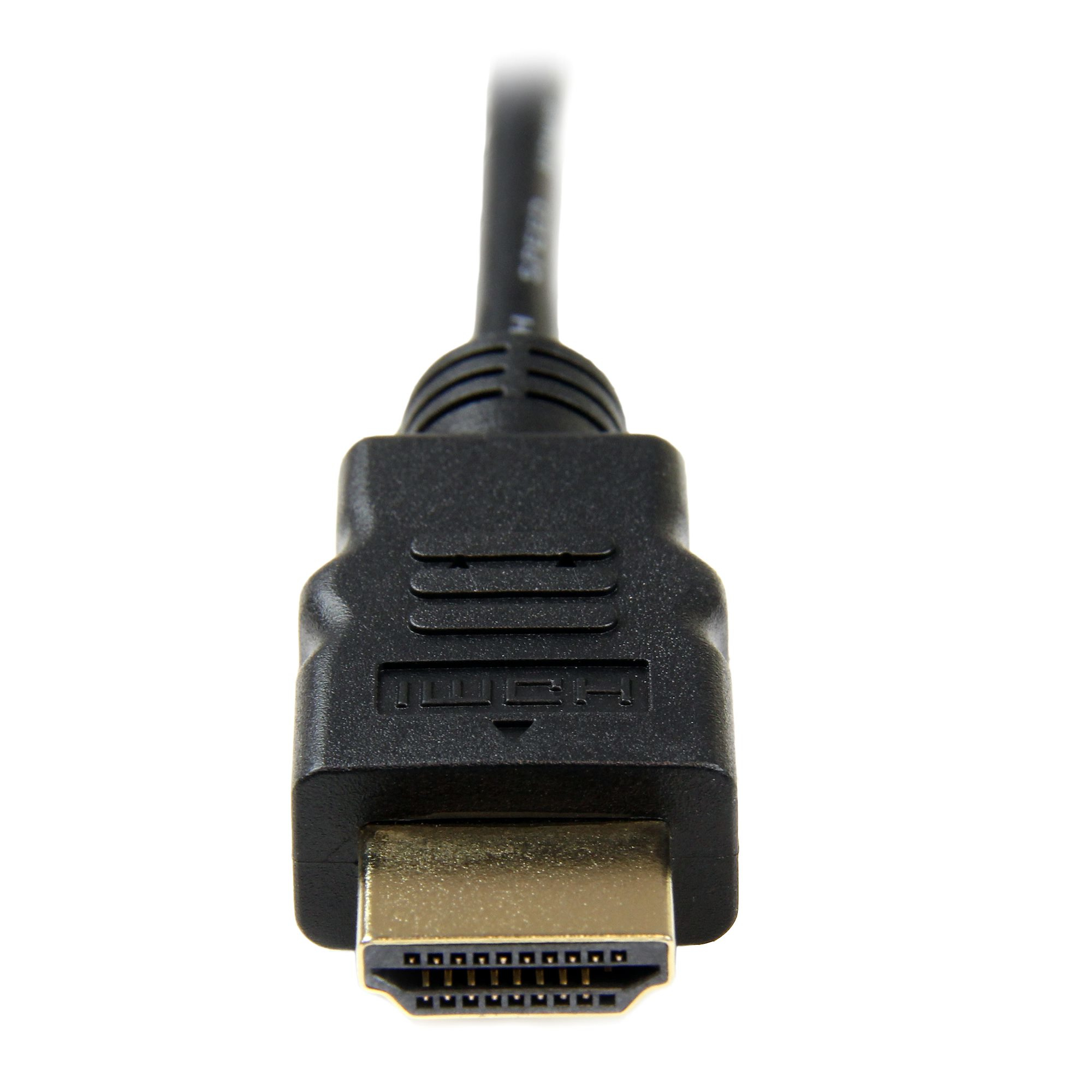 Un conector de cable HDMI, plástico negro, con contactos metálicos dorados, sobre fondo blanco.