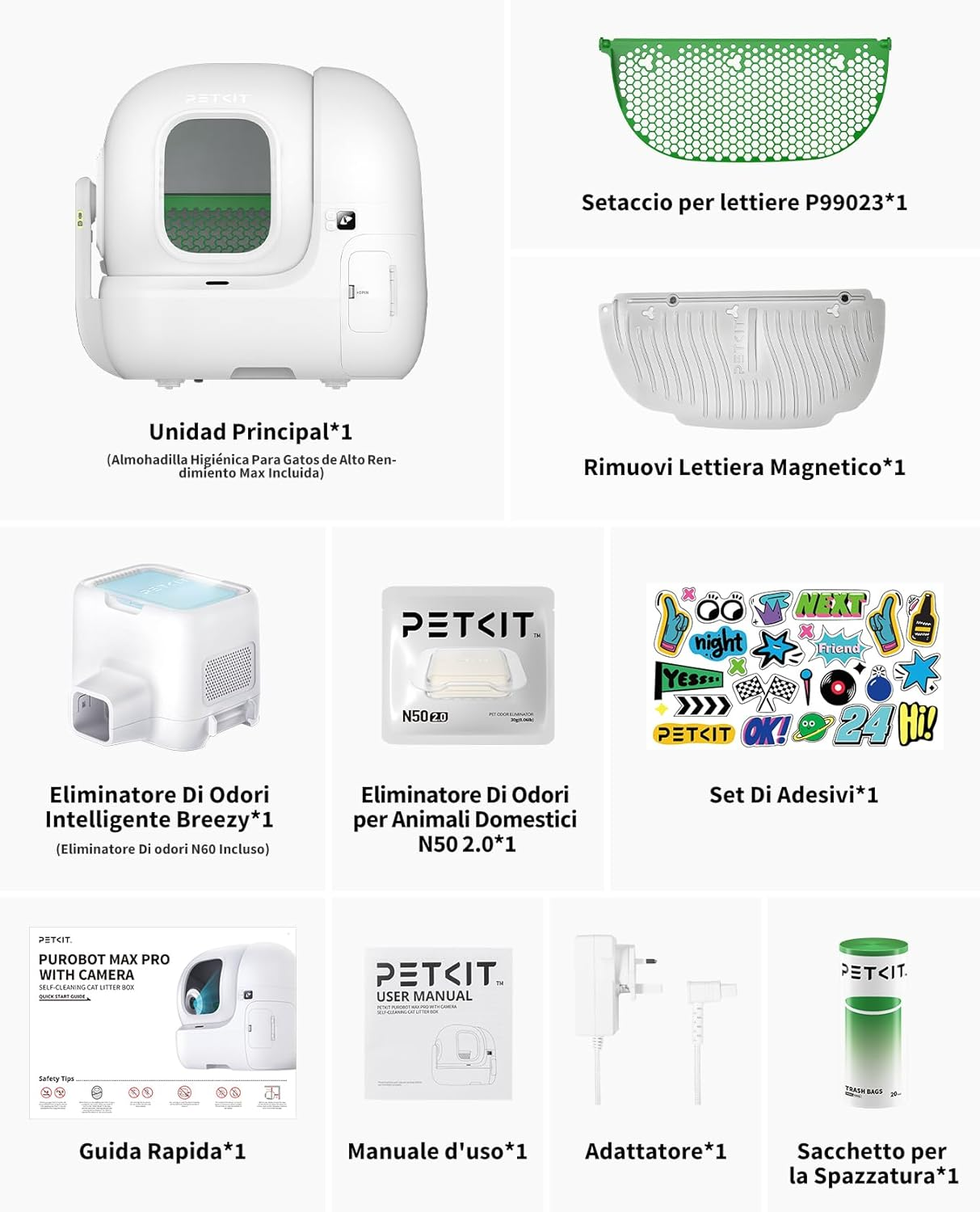 La imagen muestra varios accesorios para la caja de arena para gatos PETKIT: unidad principal, filtro, removedor magnético de arena, eliminadores de olores, pegatinas, guía, manual, adaptador y bolsas de basura.