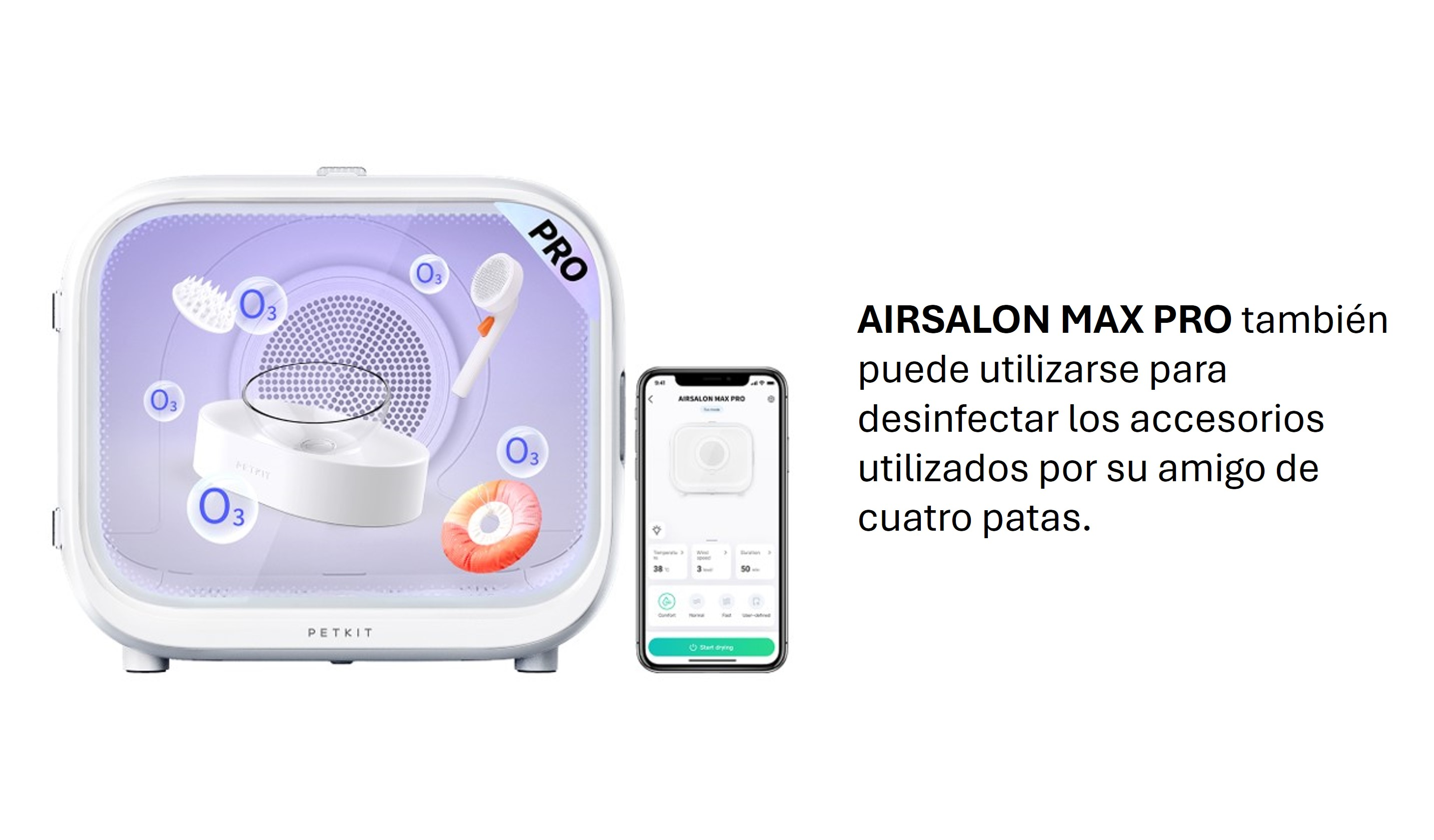 Biały PETKIT Airsalon Max Pro. Zawiera akcesoria w komorze. Telefon wyświetla aplikację z ustawieniami.