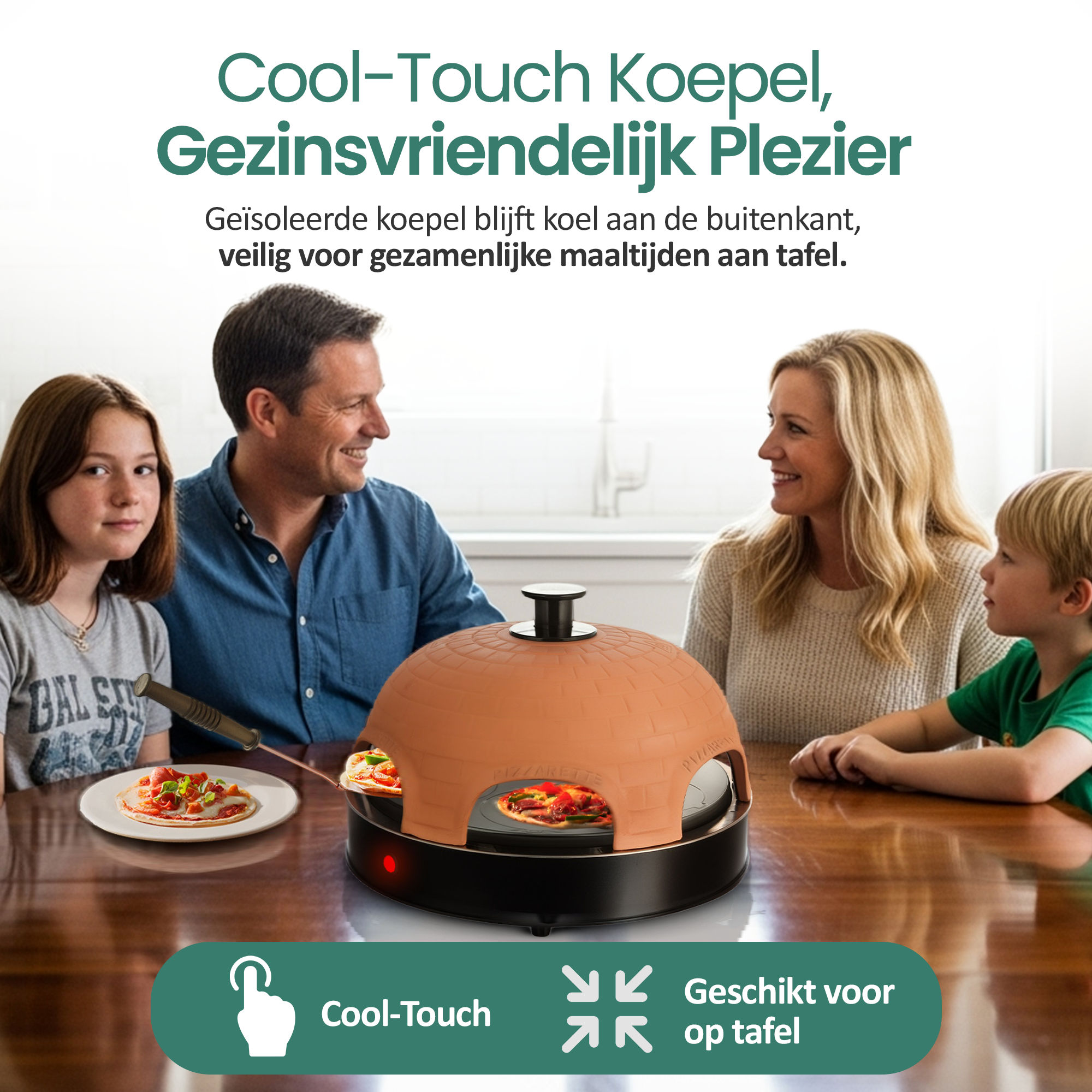 Family around a table with a pizza oven. People are smiling. A pizza is on a plate. Product branding is visible.