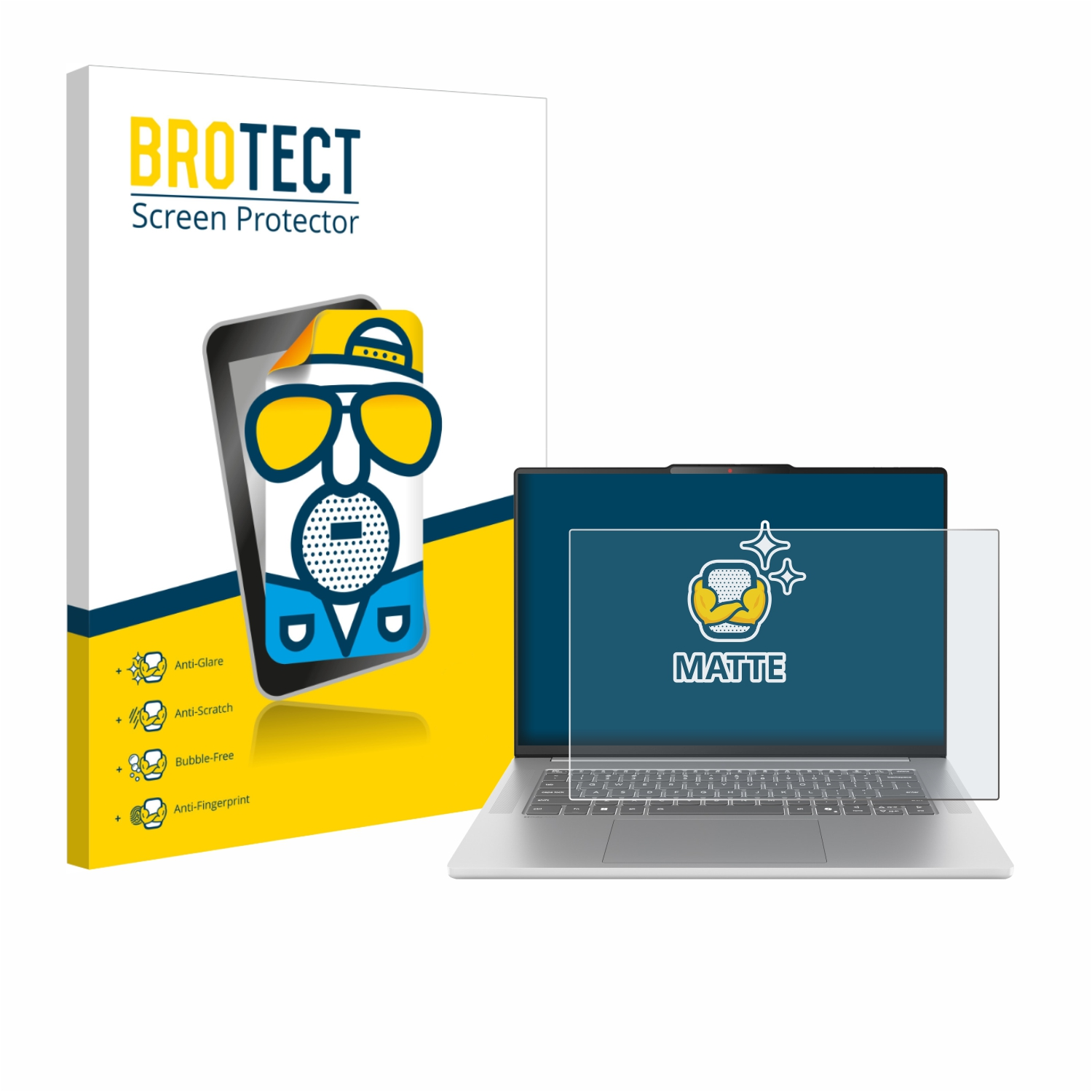 Ein Laptop mit Displayschutzfolie, eine Box mit einer Zeichentrickfigur und Text: BROTECT Screen Protector, Anti-Glare, Anti-Scratch, Bubble-Free, Anti-Fingerprint.