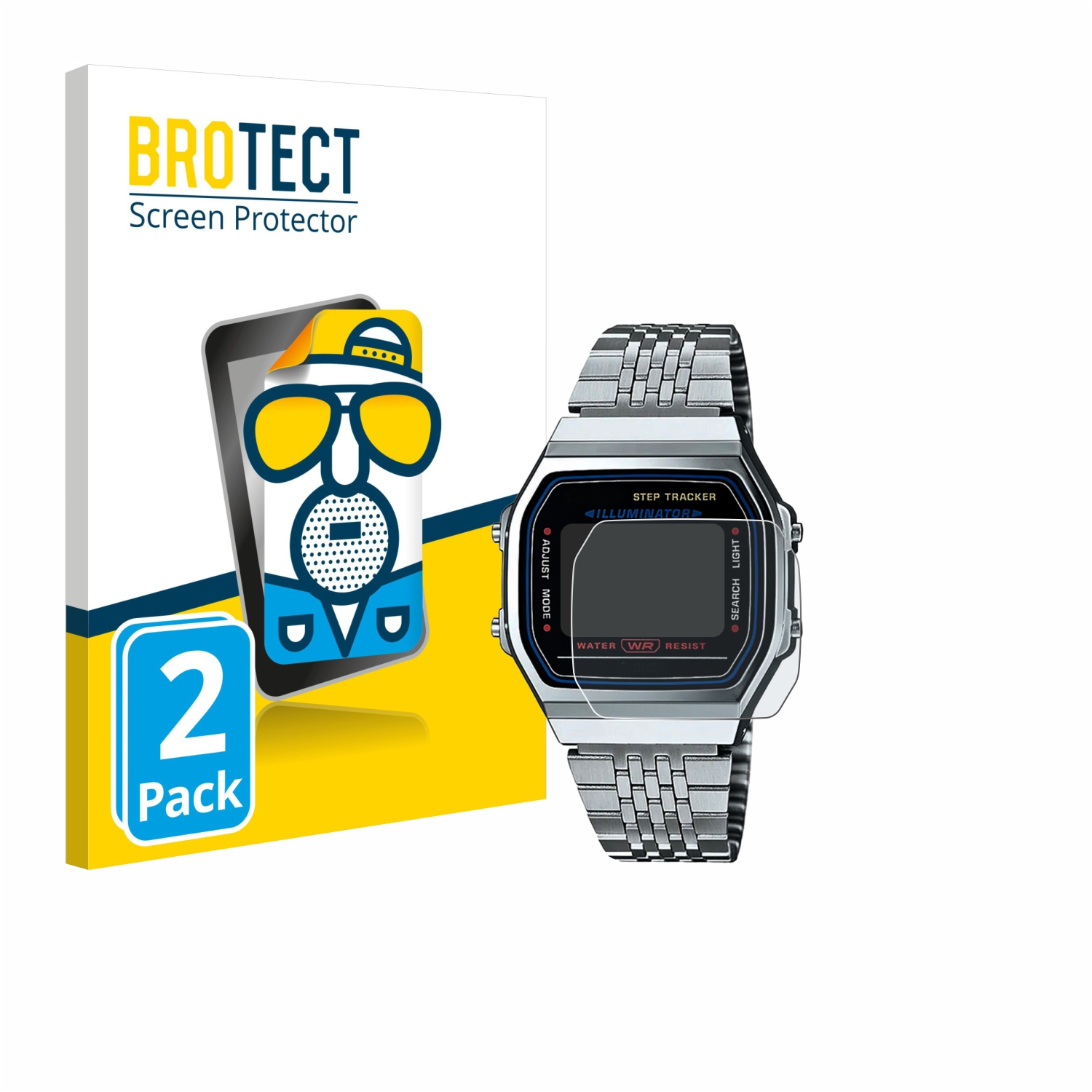 Eine Uhr und eine Displayschutzverpackung. Die Uhr ist silberfarben mit Digitalanzeige. Die Verpackung zeigt ein Cartoon-Gesicht.