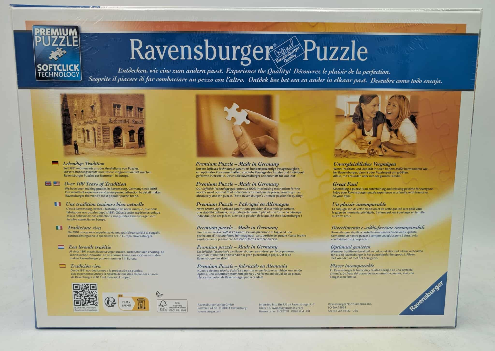 Ravensburger Puzzle-Box. Enthält Text und Bilder. Zeigt Logo der Marke und Puzzleteile.