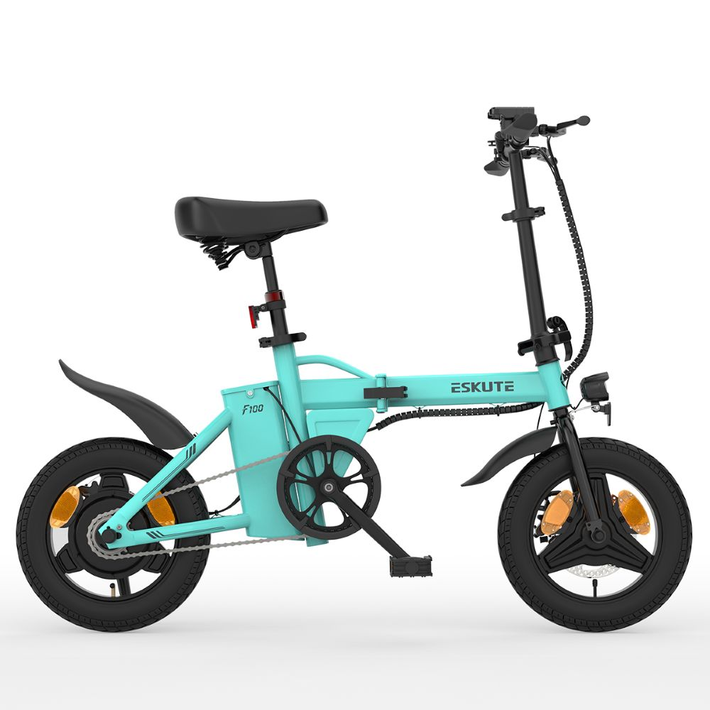 Una bici elettrica pieghevole Eskute turchese. Ha pneumatici, sella e manubrio neri. Lo sfondo è bianco.