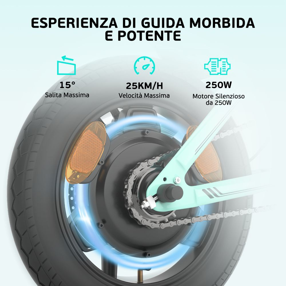 Una ruota di bici elettrica mostra specifiche: salita 15°, velocità max 25km/h e motore 250W. Testo: 'Esperienza di guida morbida e potente'.