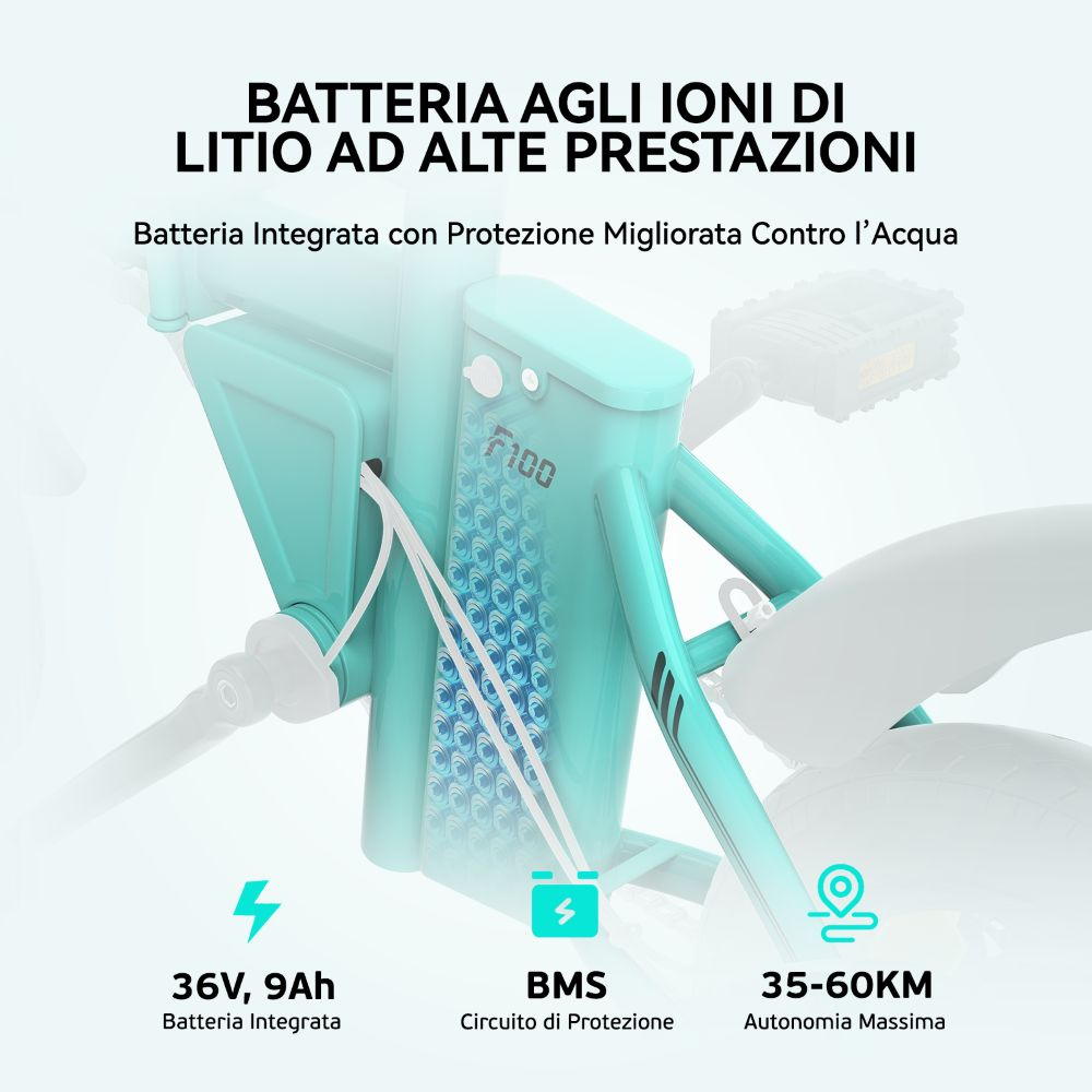 Viene mostrato un telaio di bici elettrica, con testo sulla batteria, inclusi voltaggio, BMS e autonomia. È azzurro chiaro con dettagli bianchi.