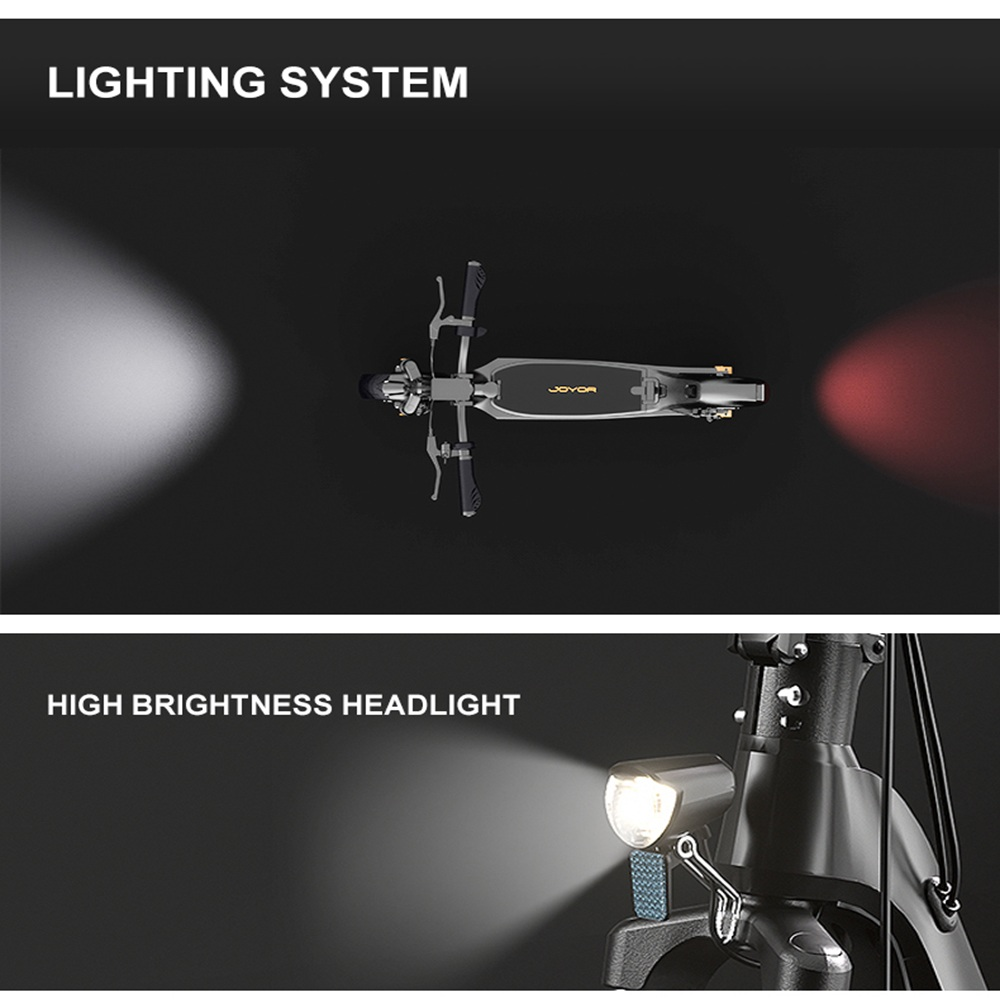 Vista dall'alto di un monopattino elettrico con le luci accese. Lo scooter è grigio e lo sfondo è scuro. Viene mostrato anche un faro.