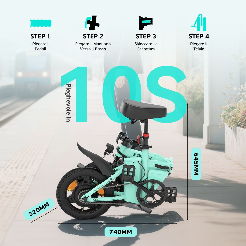 Una bicicletta ESK verde menta piegata. Le istruzioni mostrano la piegatura di pedali, manubrio, sblocco e telaio. Dimensioni indicate.