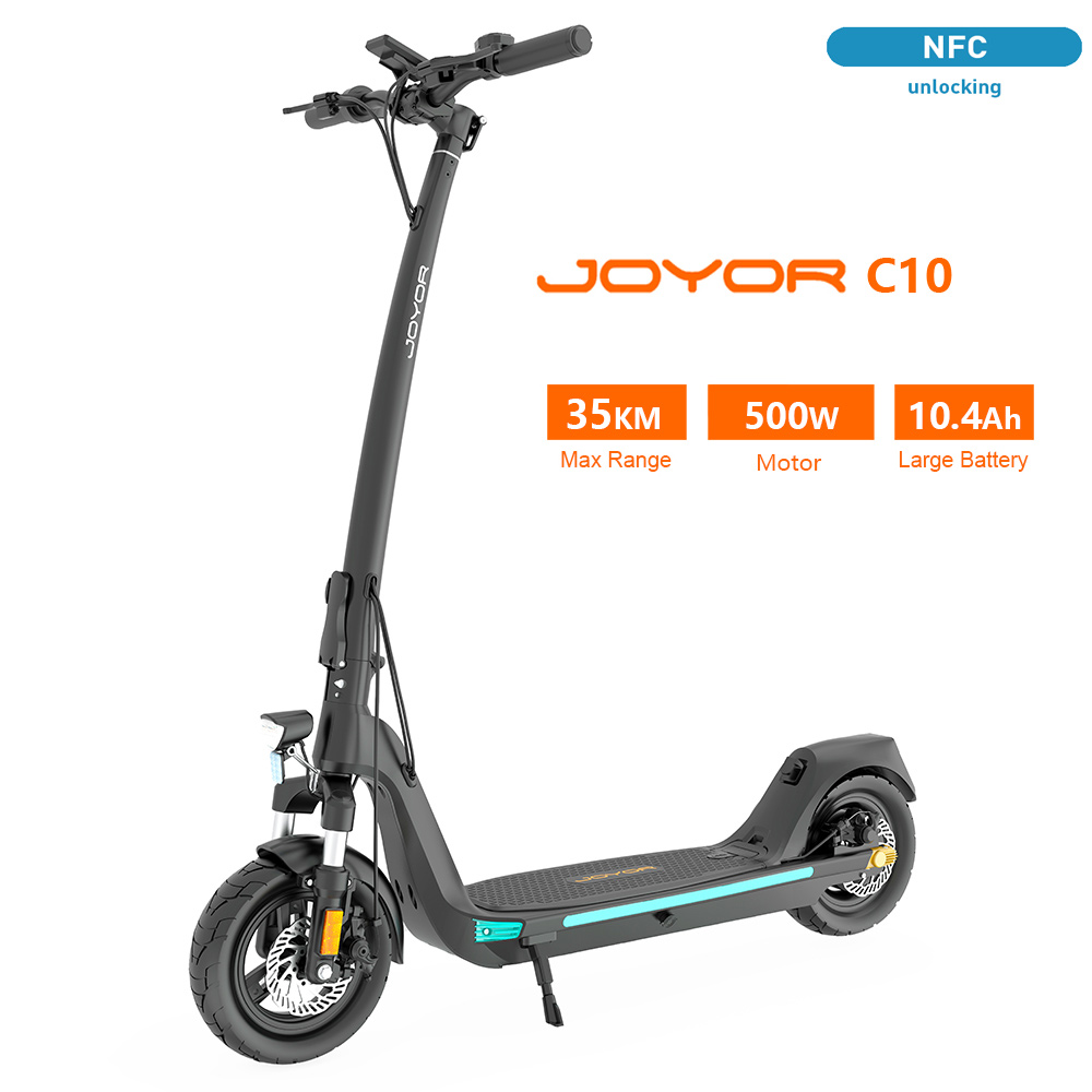 Monopattino elettrico nero Joyor C10. Dettagli: 35KM autonomia massima, motore 500W, batteria 10,4Ah. Funzione sblocco NFC.