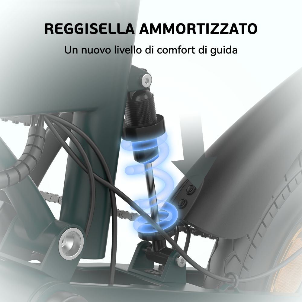 Primo piano del sistema di sospensione di una bicicletta. Una molla blu brillante è evidenziata, con testo in italiano.
