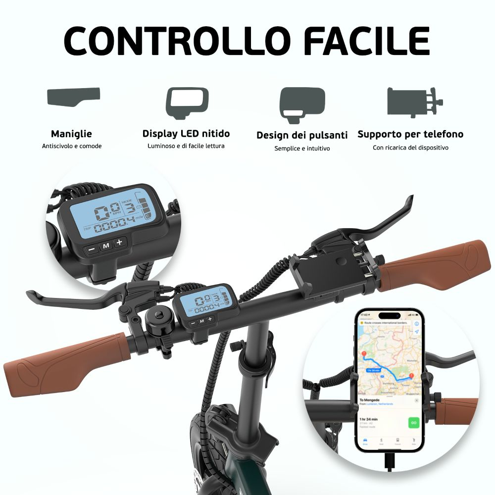 Manubrio e-bike con display che mostra velocità, distanza. Telefono con mappa. Testo: Controllo Facile.