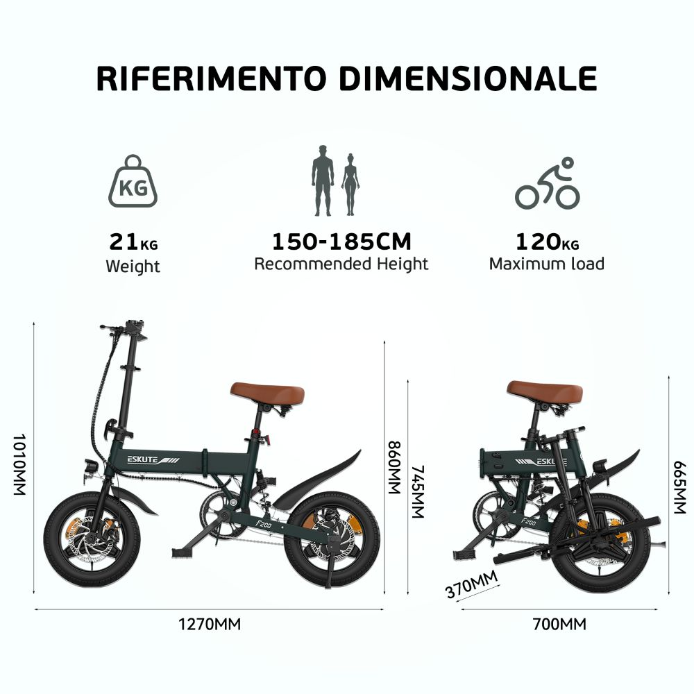 Diagramma di una bici elettrica pieghevole con dimensioni e specifiche, tra cui peso, altezza e capacità di carico massima.
