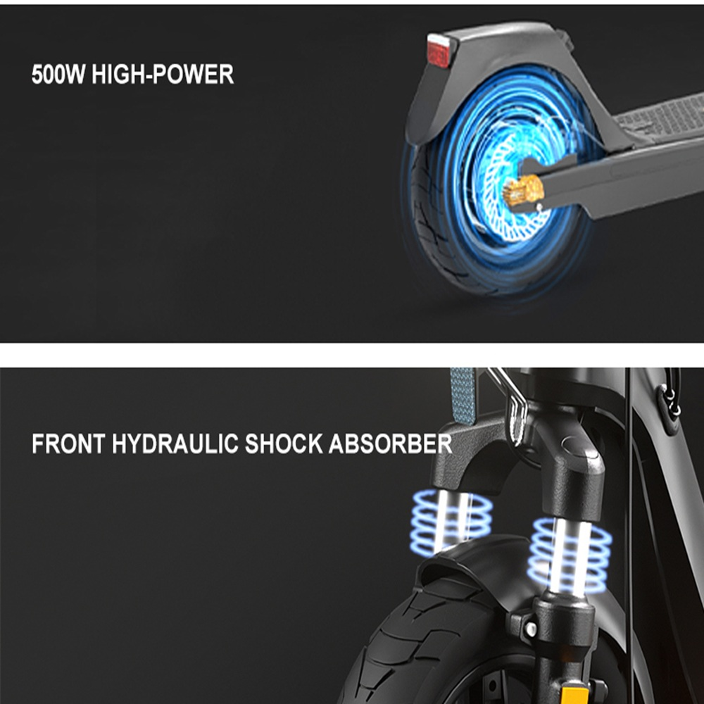 Dettaglio di uno scooter elettrico. Sopra: ruota posteriore con disco freno blu brillante. Sotto: sospensione anteriore e ruota, con testo 'FRONT HYDRAULIC SHOCK ABSORBER'.