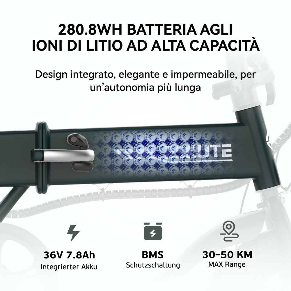 L'immagine mostra una parte di e-bike con testo: batteria 280.8WH, 36V 7.8Ah, BMS e autonomia 30-50 KM. Il design è integrato ed elegante.