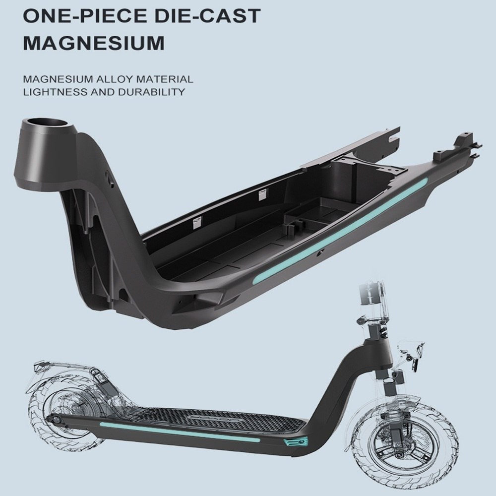 Un telaio nero per scooter e un contorno semitrasparente per scooter su sfondo azzurro. Il testo indica magnesio pressofuso.