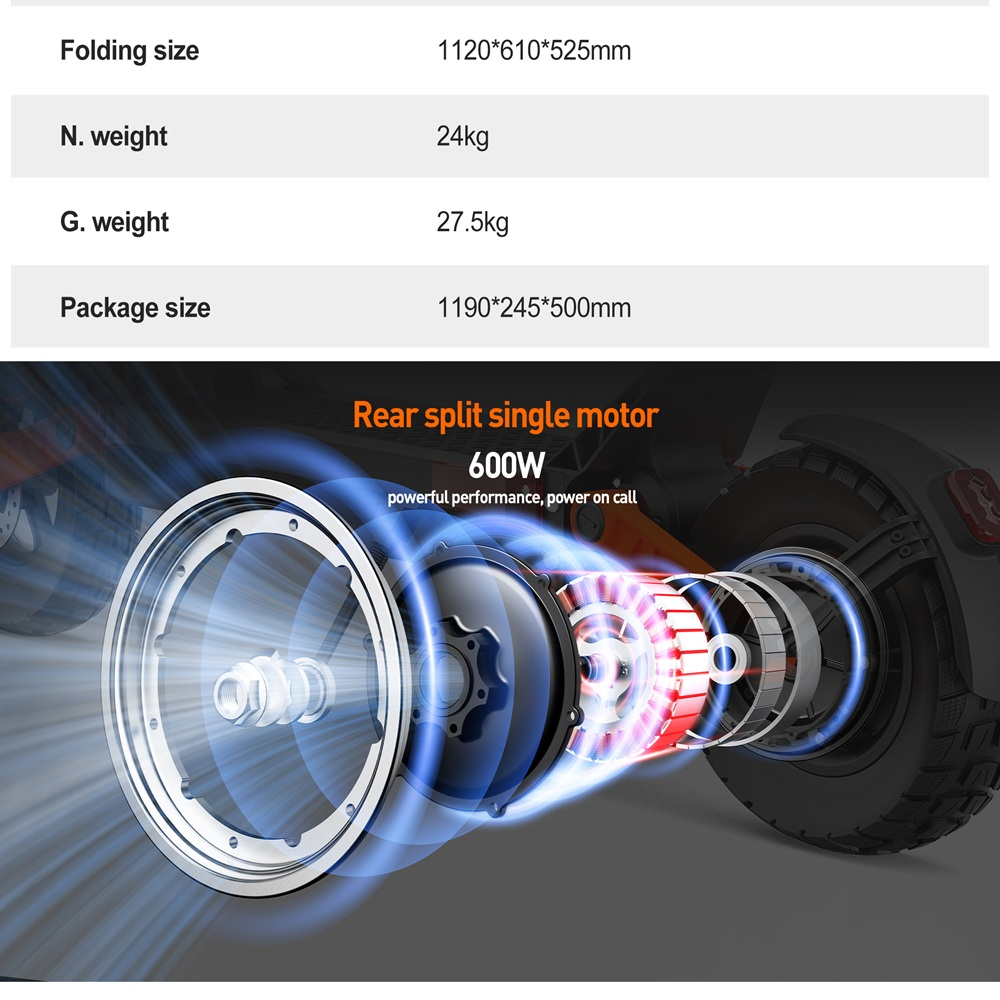Diagramma di un motore singolo posteriore diviso con potenza di 600 W. Include dettagli di dimensioni e peso. Componenti evidenziati con luci blu e rosse.