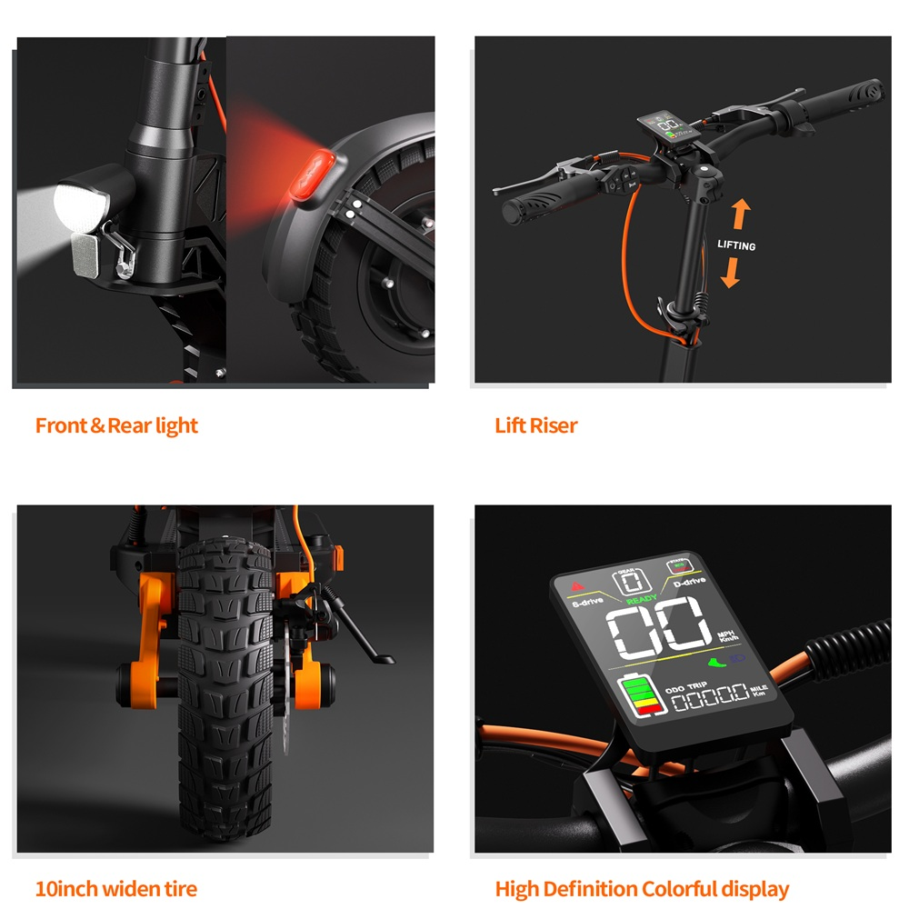 Dettagli dello scooter elettrico: luci anteriori e posteriori, alzata, pneumatico da 10 pollici e display ad alta definizione.